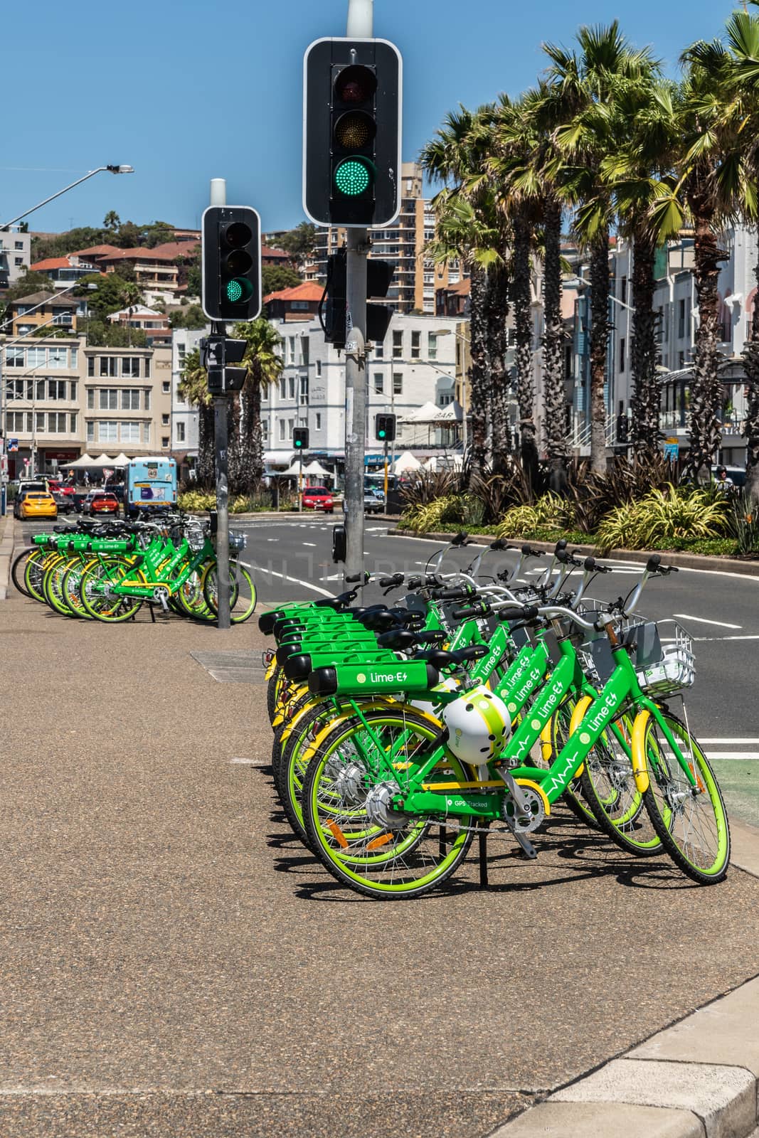Sydney, Australia - February 11, 2019: Line of green and yellow Lime E-bicycles stationed on sidewalk of road bordering Bondi beach. cars, buses and traffic light.