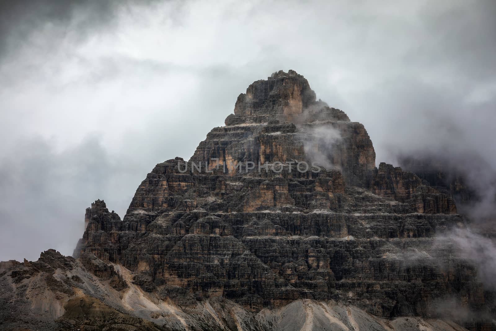Drei Zinnen or Tre Cime di Lavaredo, Sextener Dolomiten or Dolomiti di Sesto, South Tirol, Dolomiten mountains view, Italian Alps