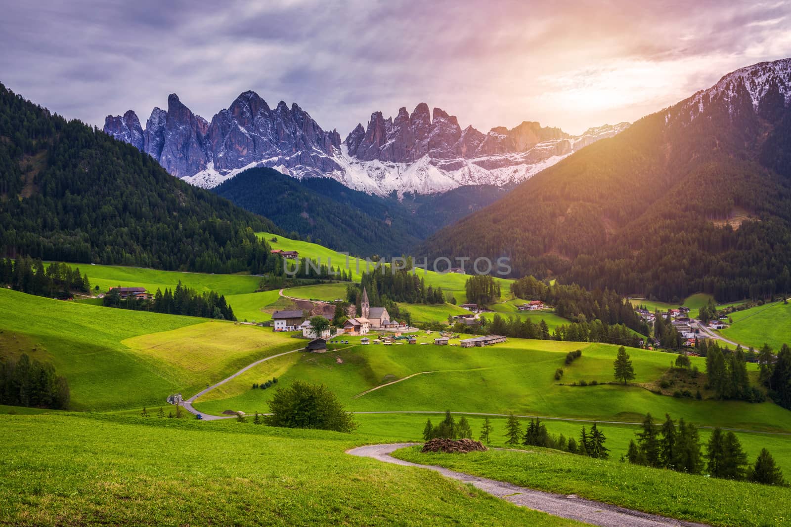Famous best alpine place of the world, Santa Maddalena (St Magdalena) village with magical Dolomites mountains in background, Val di Funes valley, Trentino Alto Adige region, Italy, Europe