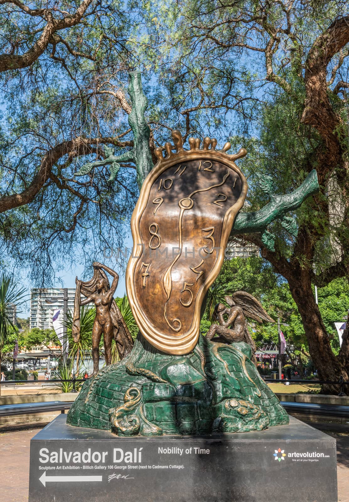 Sydney, Australia - February 11, 2019: Salvador Dali statue copy in First Fleet Park near Circular Bay, labeled Nobility of Time, set under green tree foliage with the bay and its buildings in back.