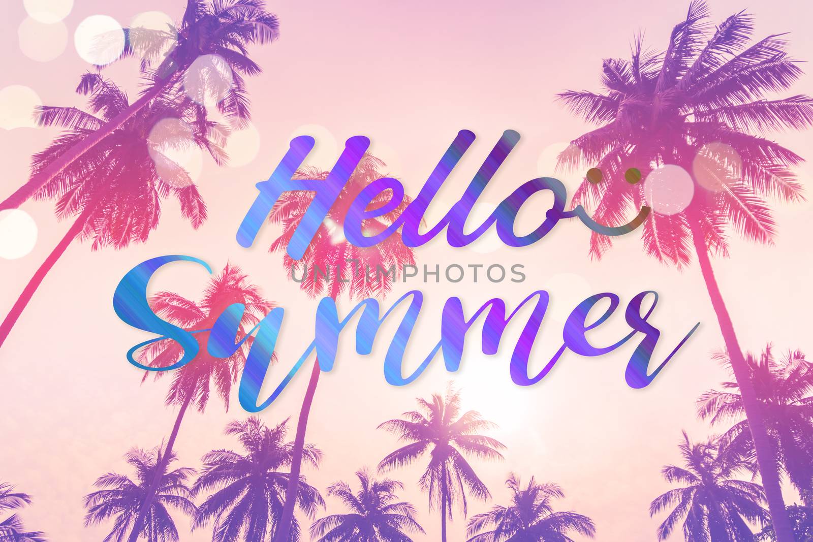 Hello summer qoute on blur beach and tropical coconut palm summer style abstract blurry background. Holiday vacation time concept.