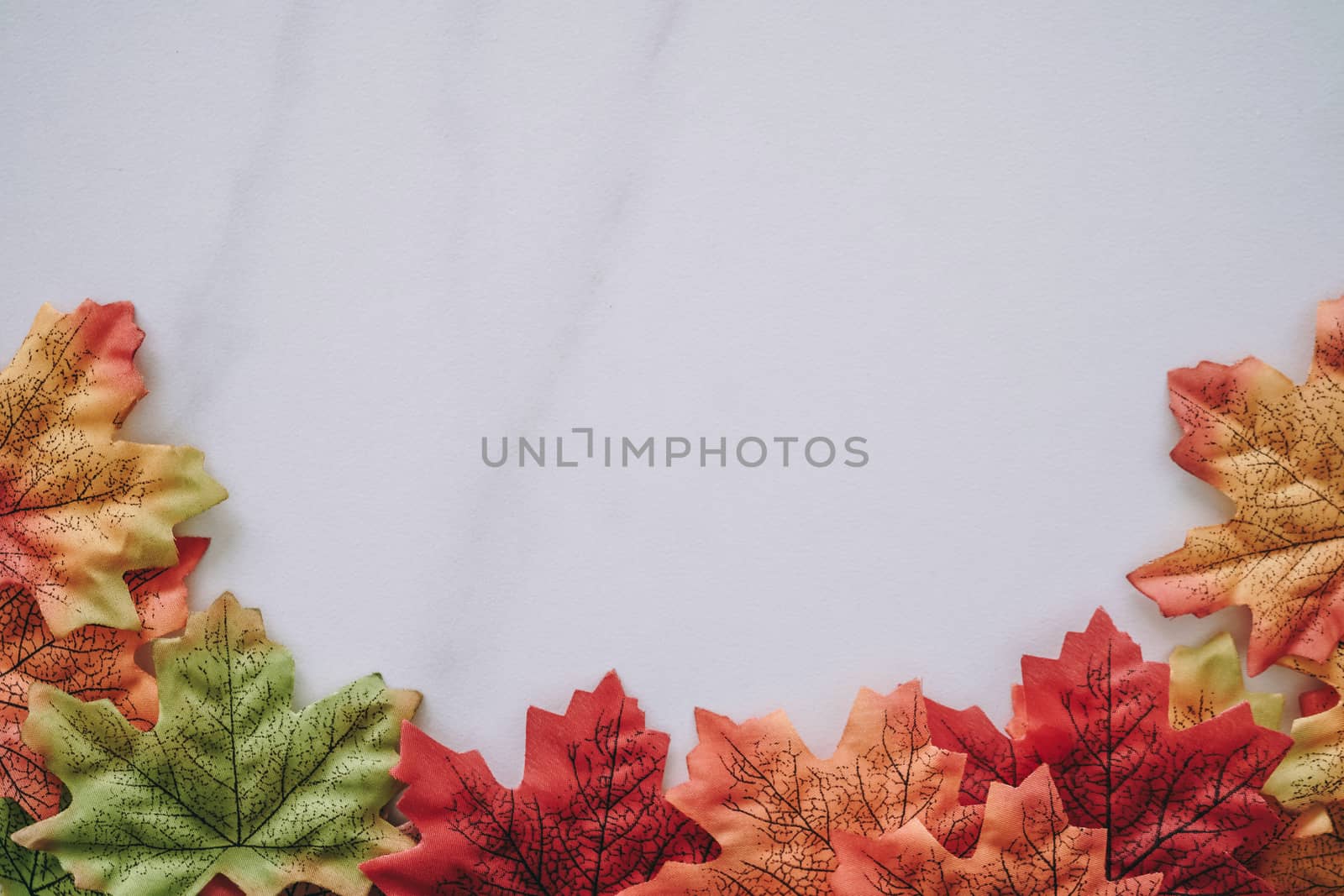 Top view of autumn maple leaf on white marble texture abstract background. by Suwant