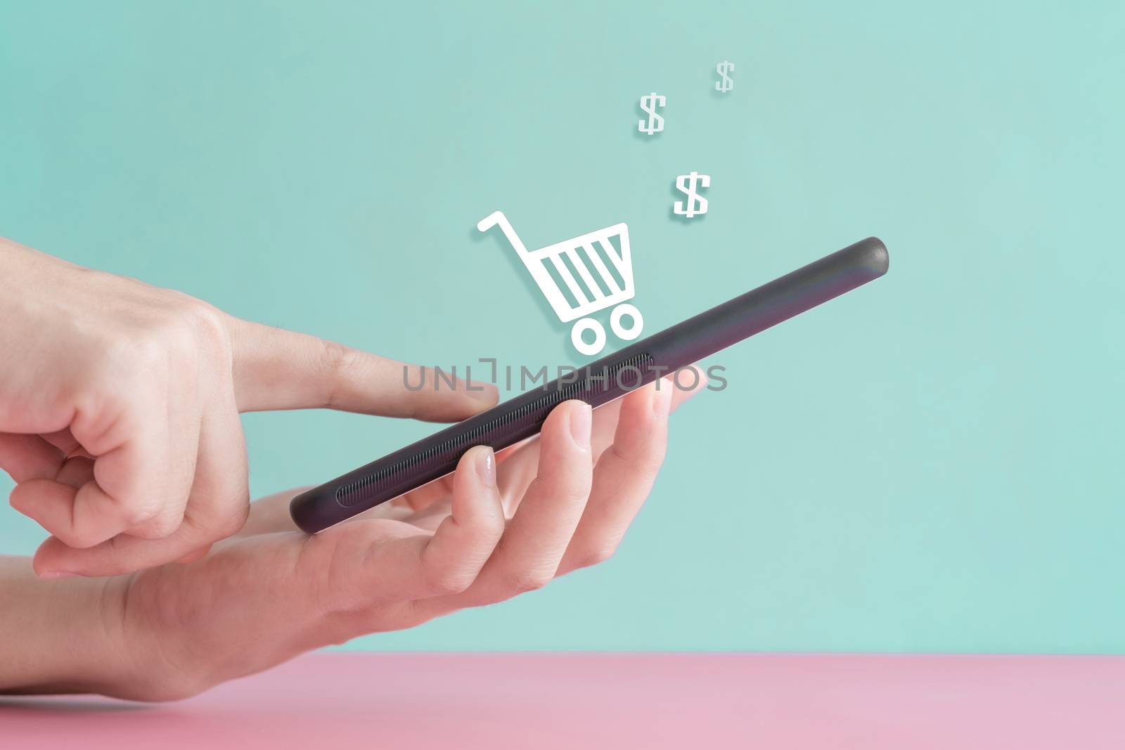 Women hand using smartphone do online business or shopping online in black friday with cart, dollar icons pop up in public area background. Social media maketing. by Suwant