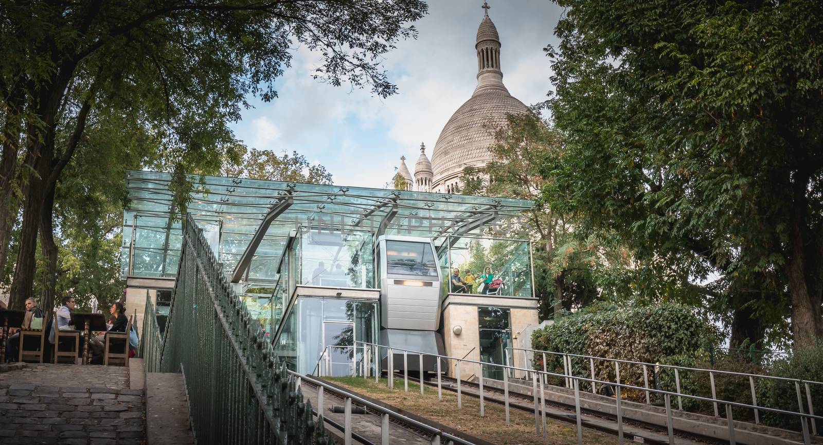 Paris, France - October 6, 2018: view of the funicular of Montmartre which allows to climb to the top of the hill Montmartre and to access the basilica of the Sacred Heart