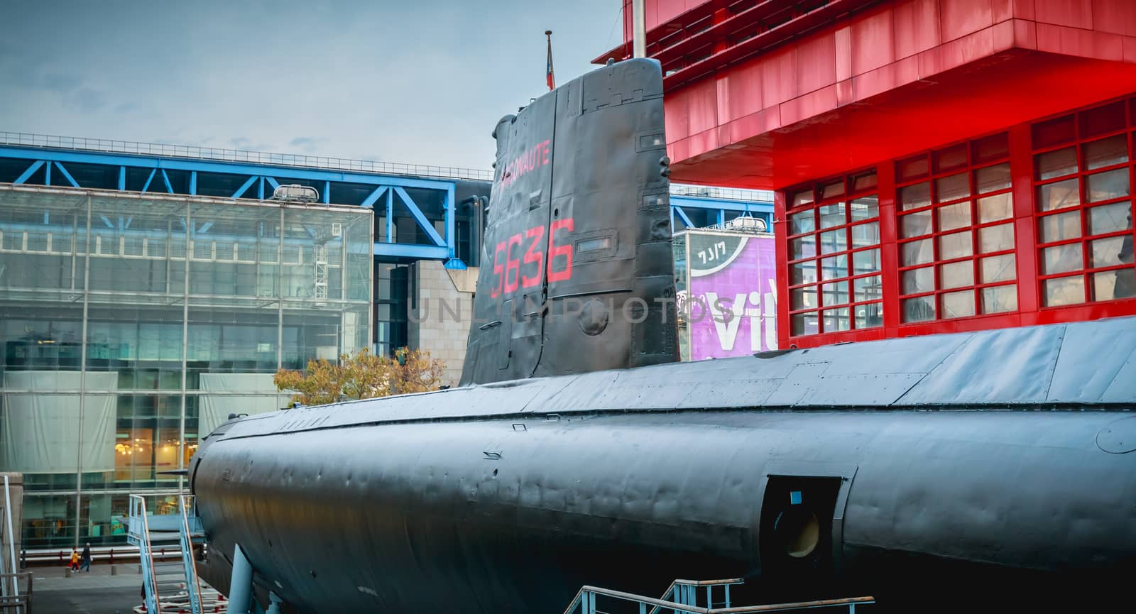Paris, France - October 6, 2018: exhibition of the Argonaute, French submarine S636 put into service on October 23, 1958 and disarmed on July 31, 1982, opened to the public since 1991 in front of the City of Science and Industry