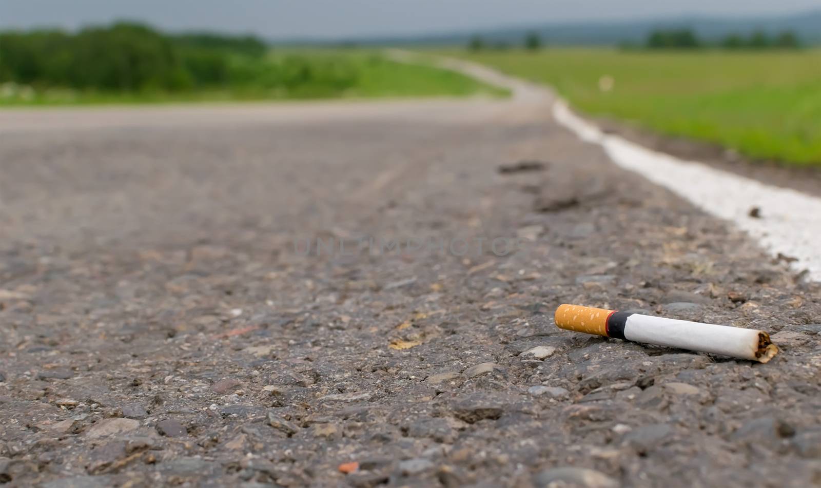 View of cigarette lying on the asphalt on a country road by jk3030