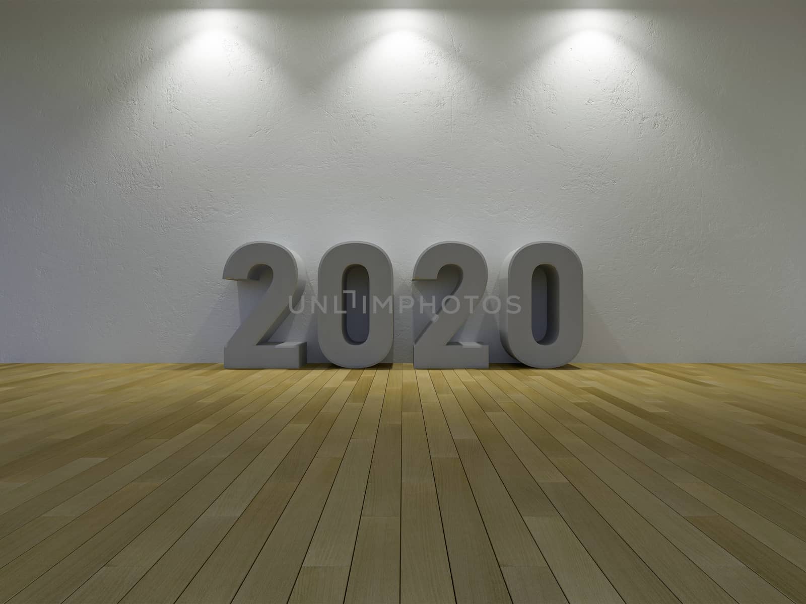 3d rendering image of 2020 concrete box on wooden floor which have white cracked concrete wall as background. Light effect from ceiling on the wall.  background for new year festival.