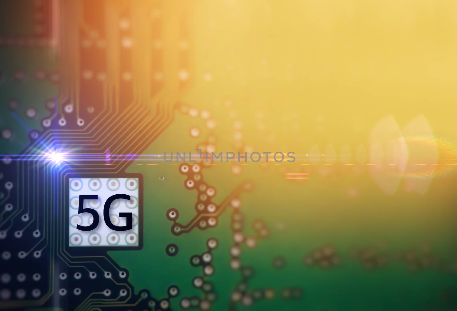 5G Mobile chip on computer board background. Copy space and Technology concept. Selective focus