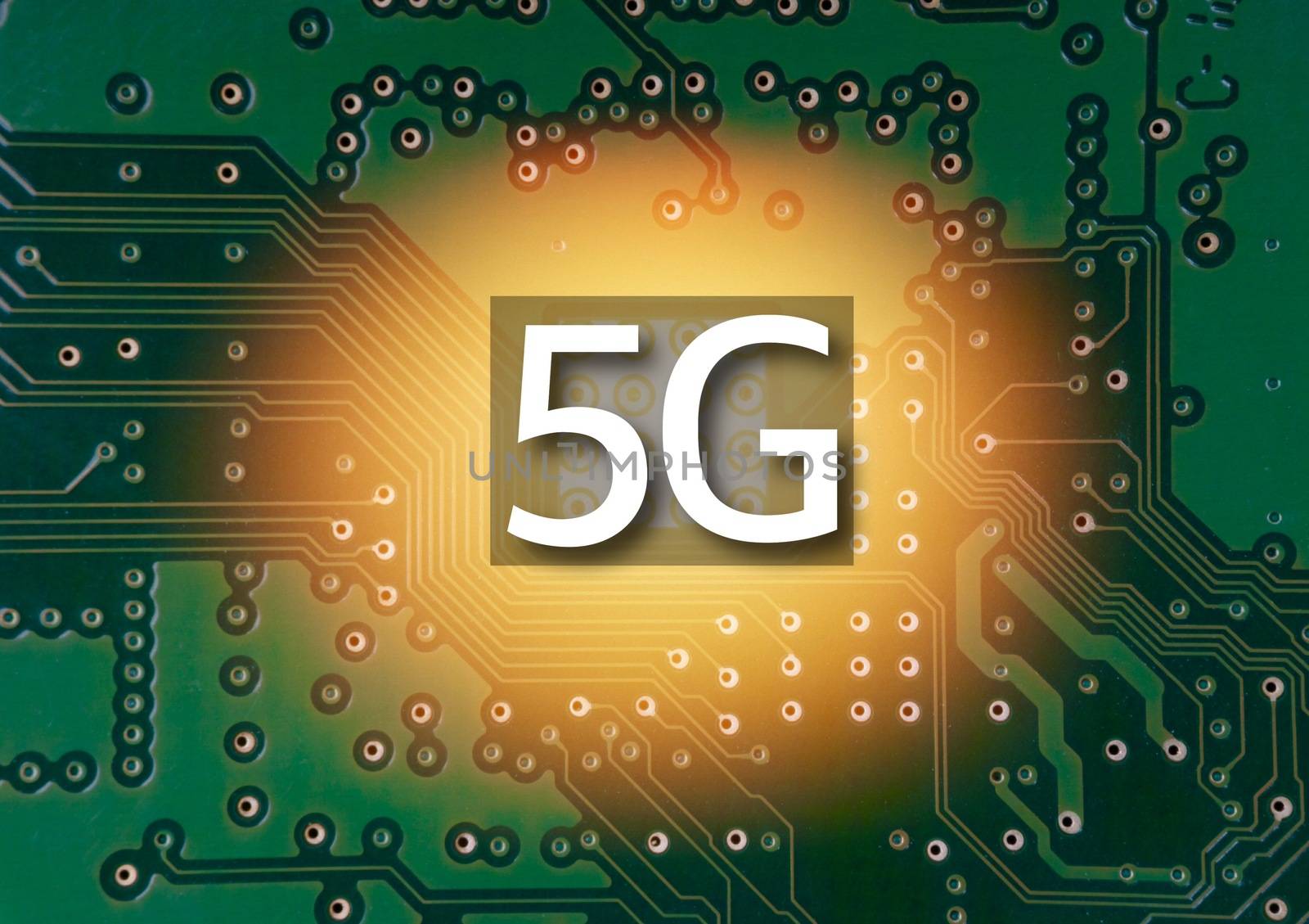 5G Mobile chip on computer board background. Copy space and Technology concept by silverwings