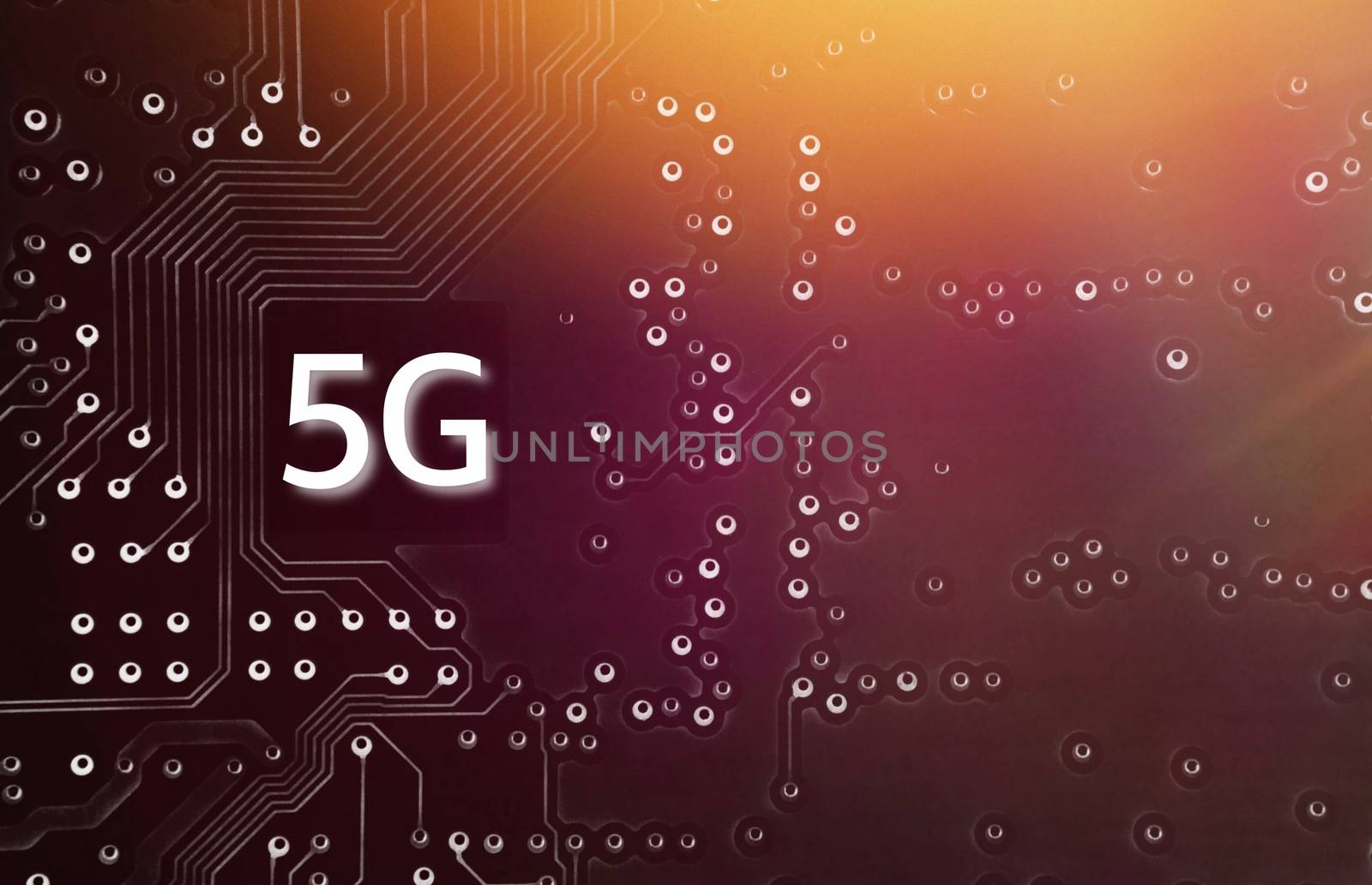 5G Mobile chip on computer board background. Copy space and Technology concept. Selective focus