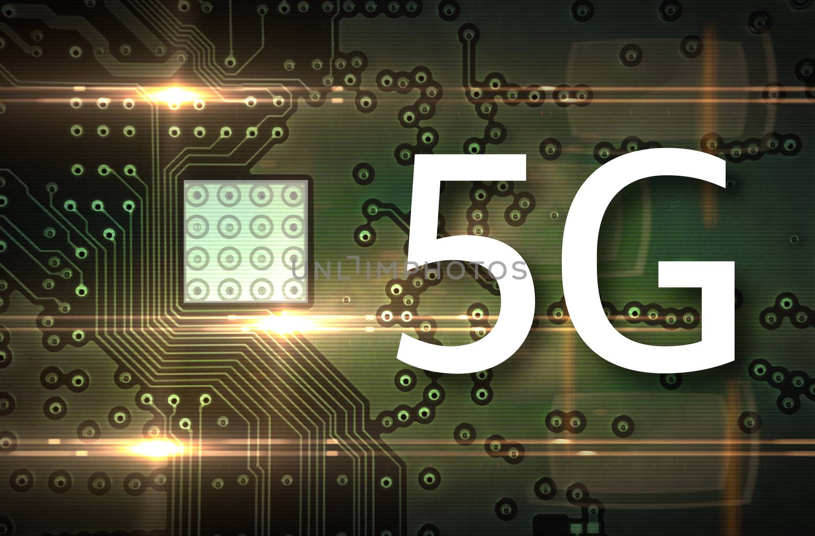 5G Mobile chip on computer board background. Copy space and Technology concept by silverwings