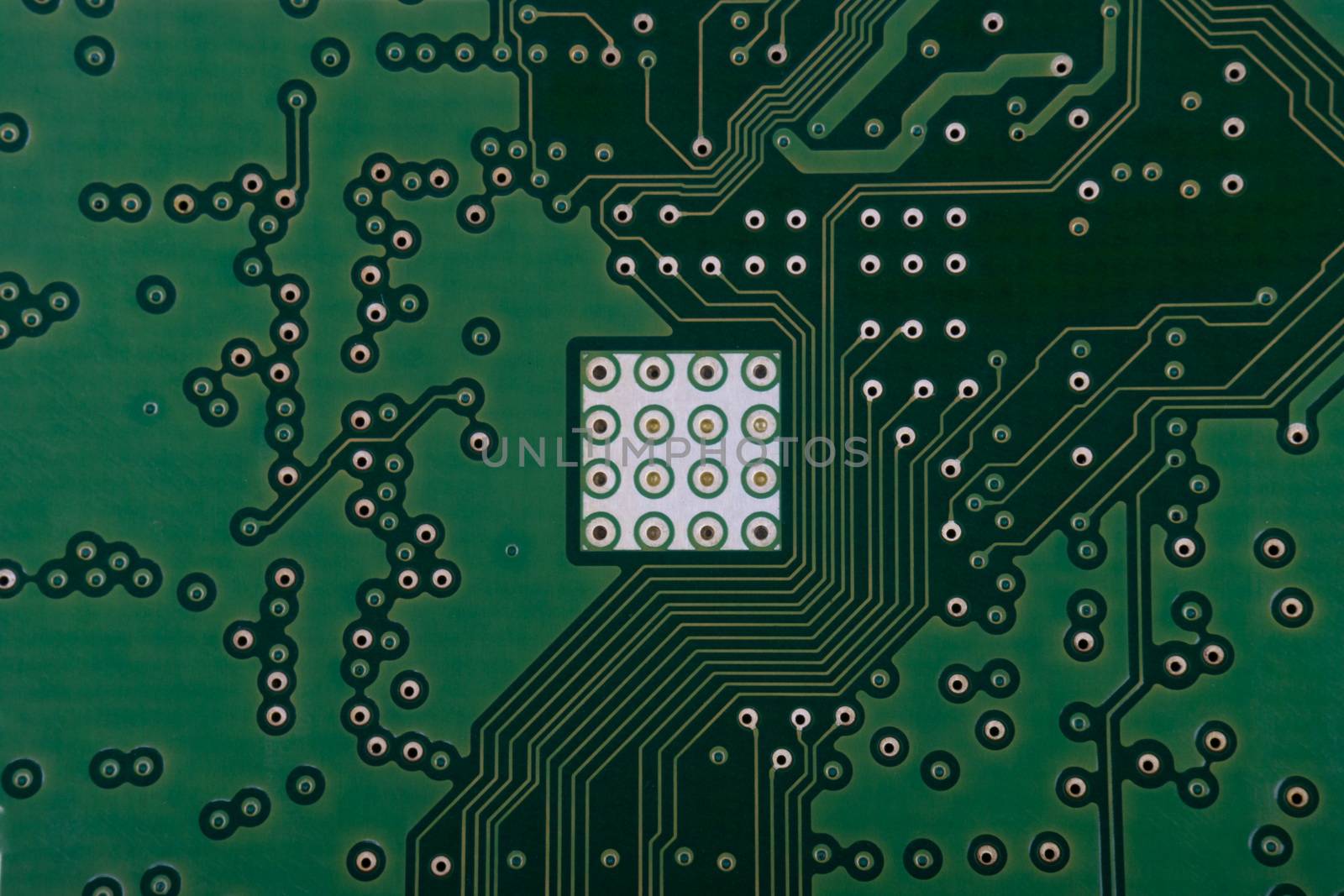 Electronic circuit board close up. Selective focus and crop fragment