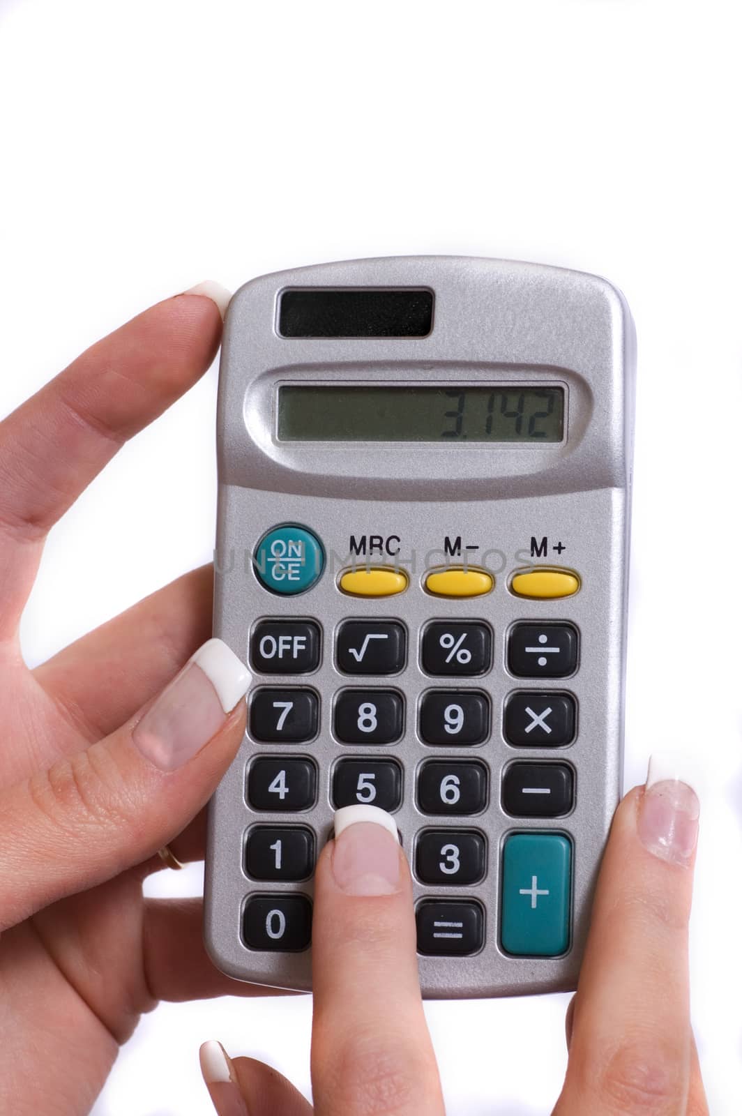 A simple calculator in a woman's hand