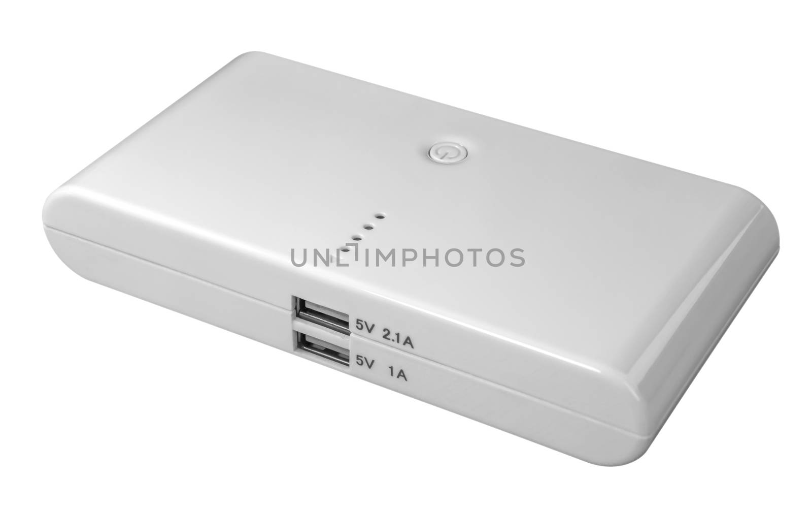 Portable power bank for charging mobile devices isolated on white background. Clipping path included.