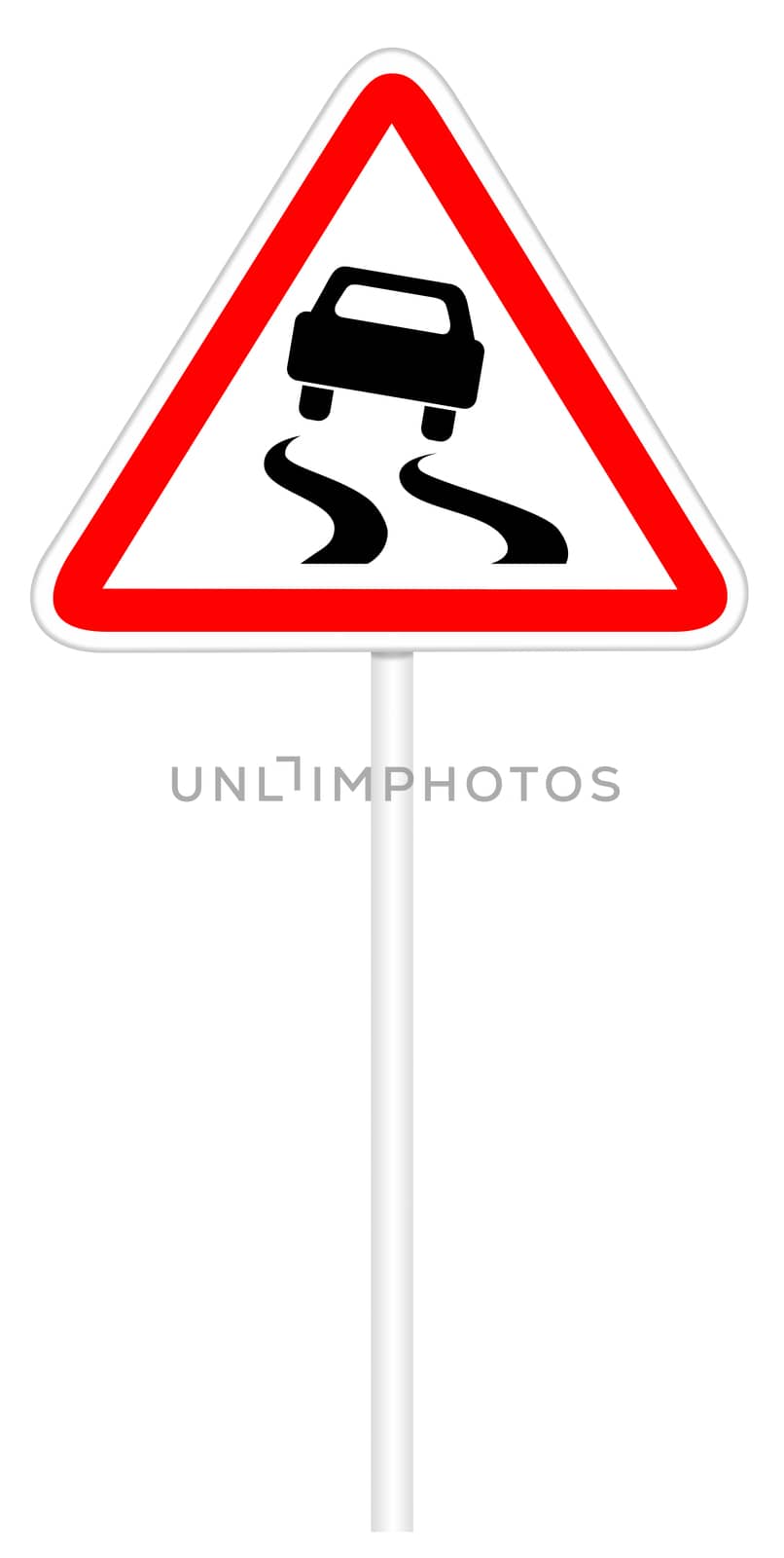 Warning traffic sign isolated on white 3D illustration - Slippery road