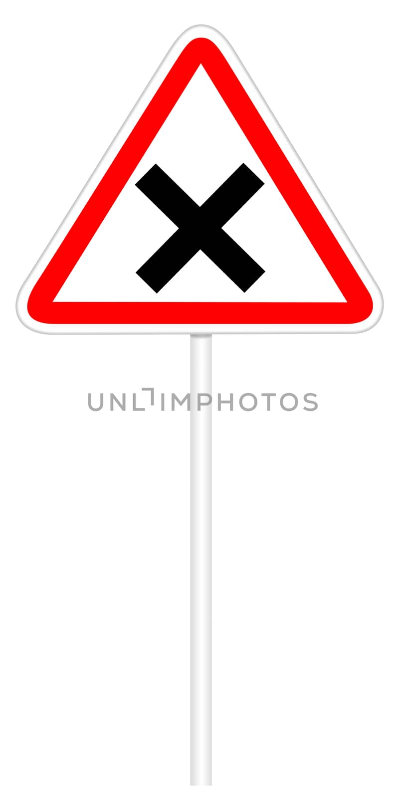 Warning traffic sign isolated on white 3D illustration - Crossroad