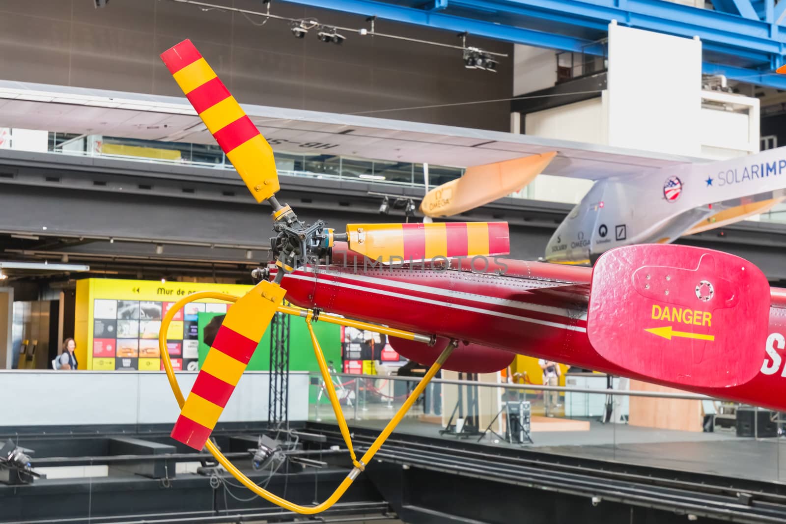 Paris, France - October 6, 2018 - Old Red Helicopter of Civil Security exhibited at the entrance of the City of Science and Industry during the Science Festival