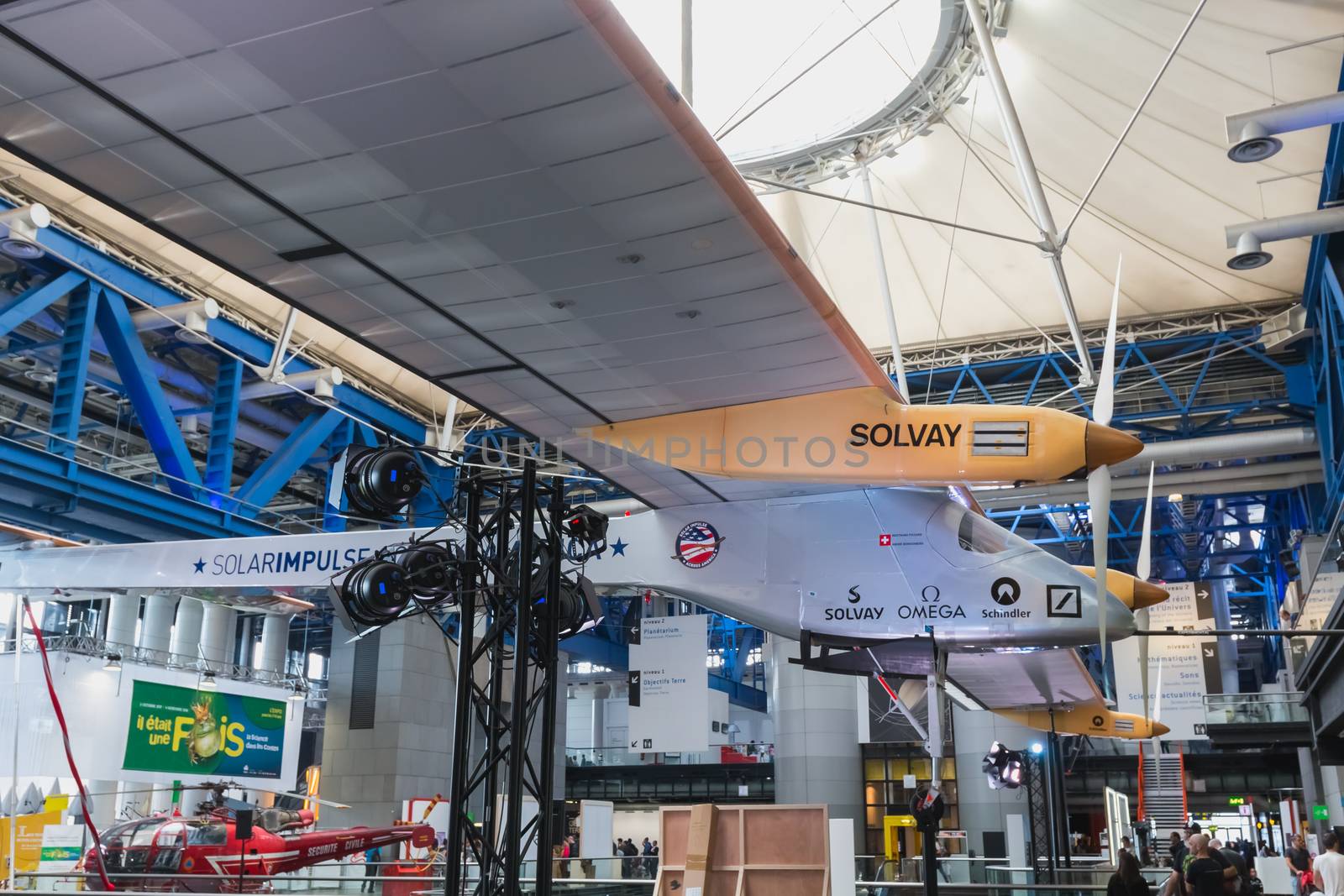 Paris, France - October 6, 2018: Exhibition of the famous Solar Impulse HB-SIA electric aircraft during the Science Fair 2018 in the hall of the City of Science and Industry