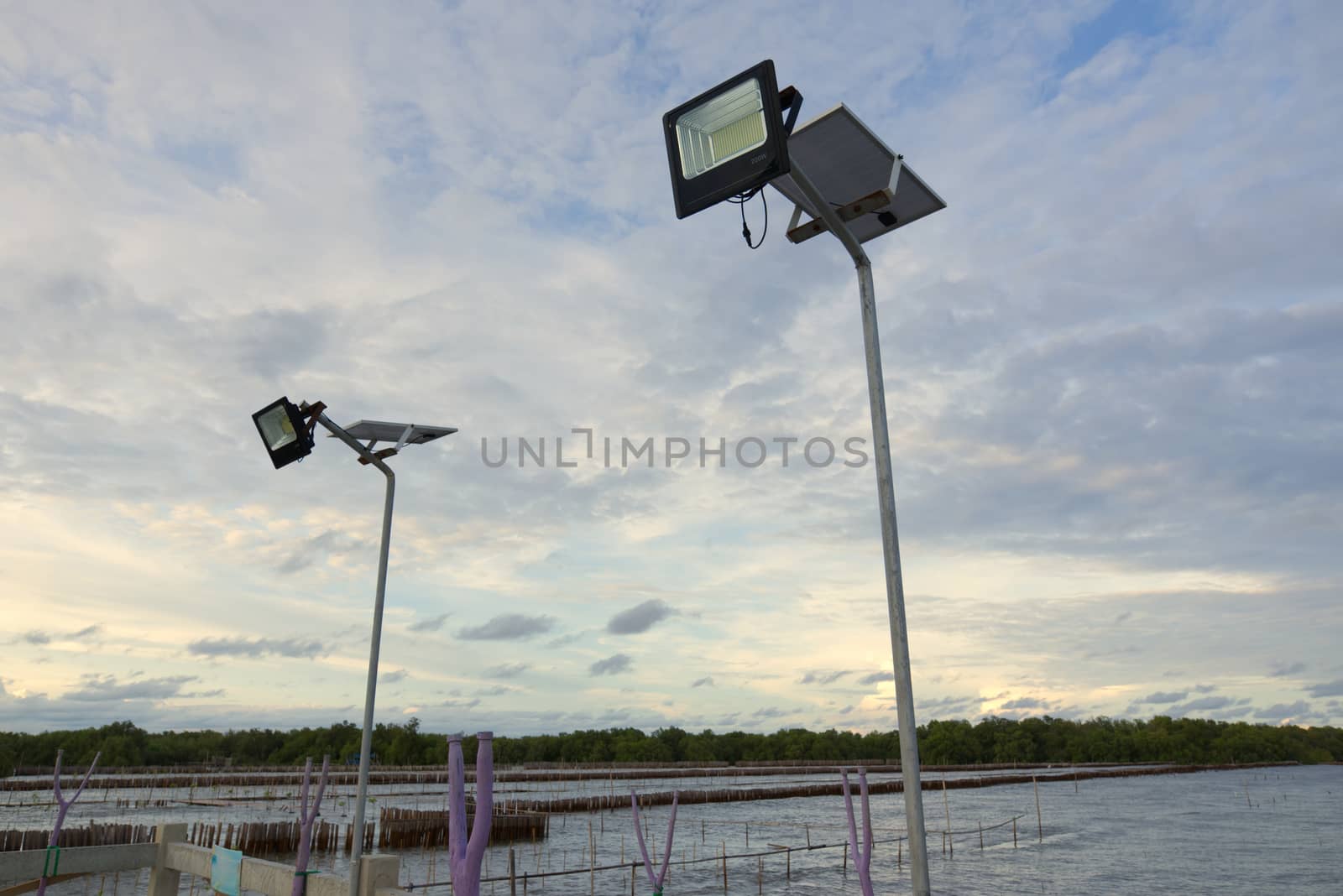 LED solarcell pole With a background of sky and coast