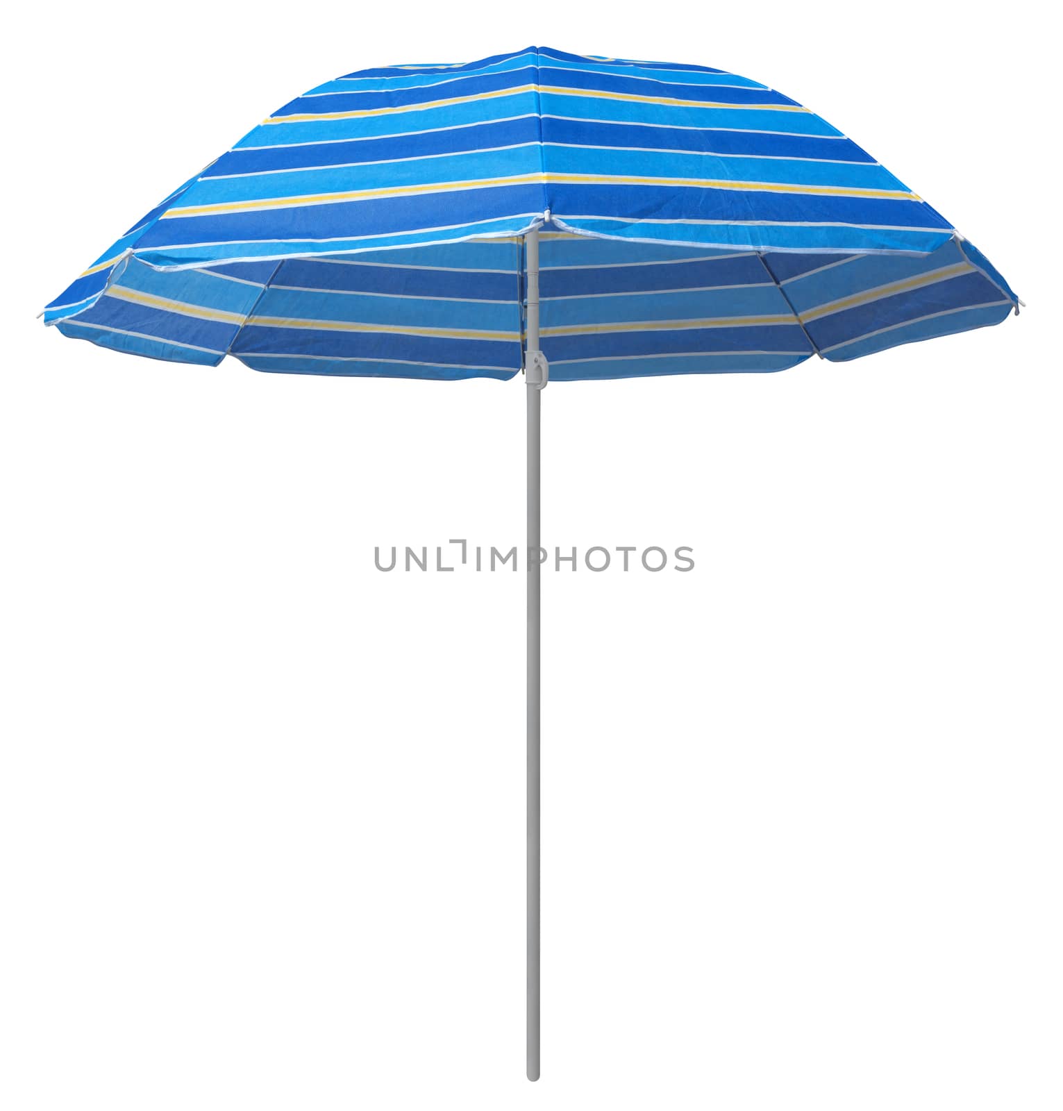 Blue striped beach umbrella isolated on white. Clipping path included.
