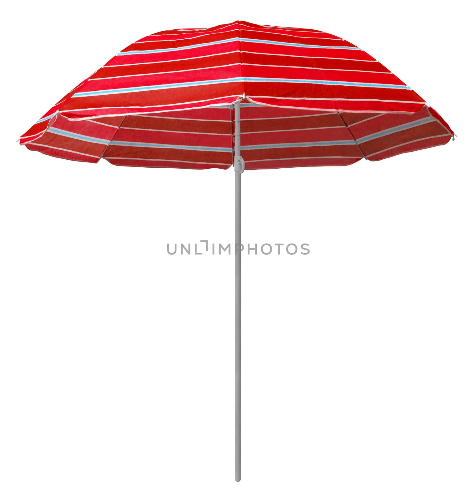 Red striped beach umbrella isolated on white. Clipping path included.