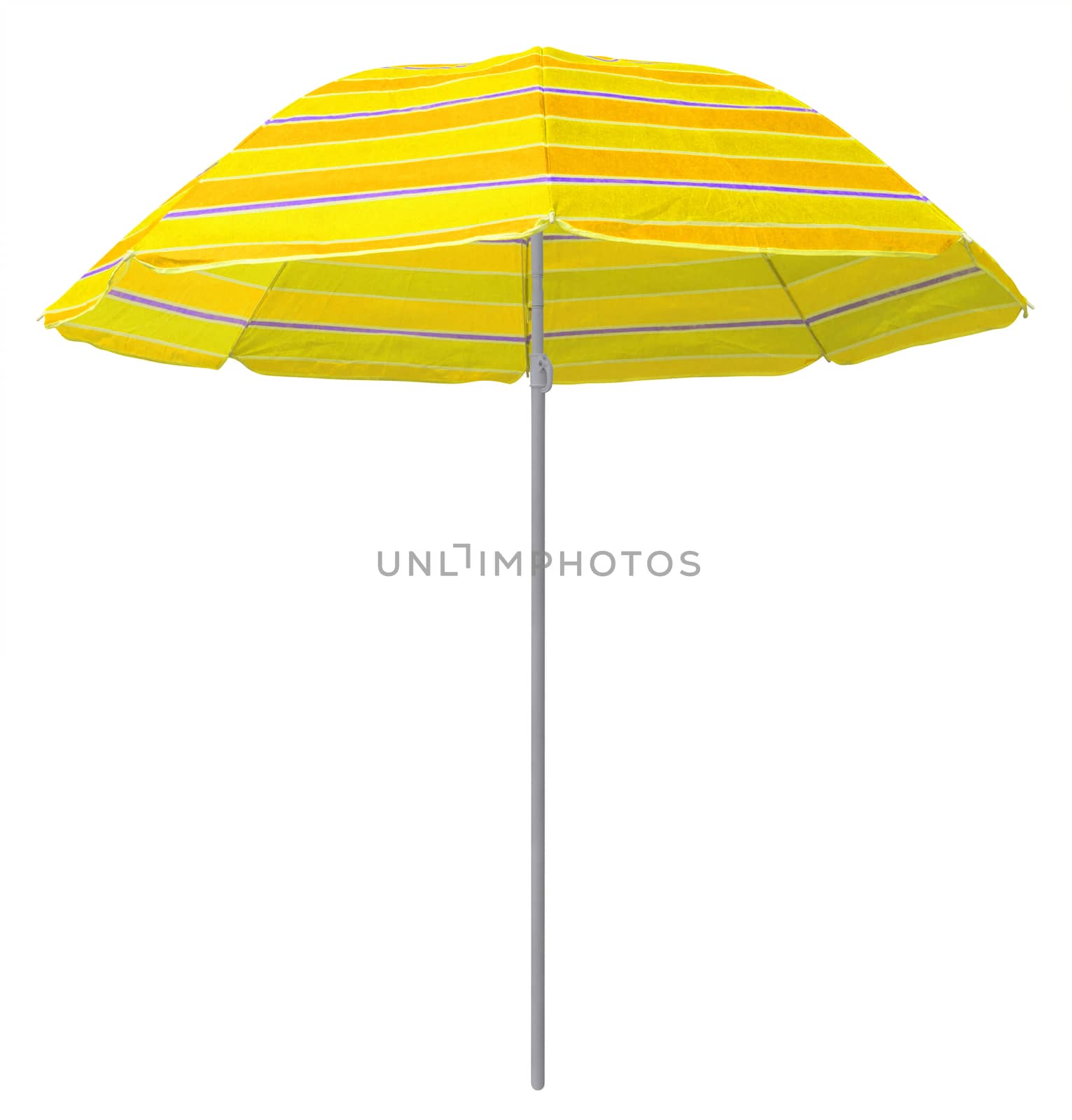 Yellow striped beach umbrella isolated on white. Clipping path included.