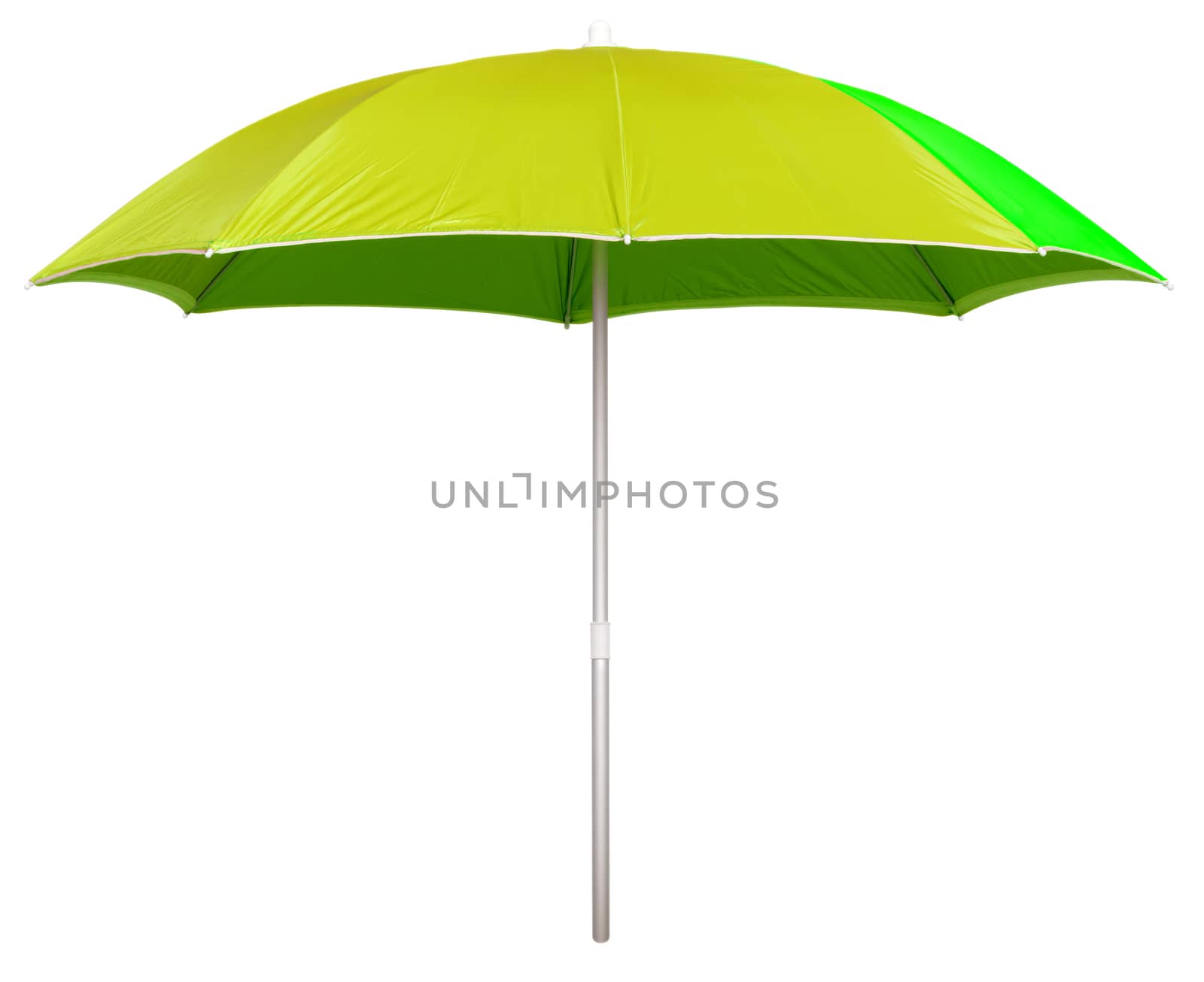 Yellow beach umbrella isolated on white. Clipping path included.