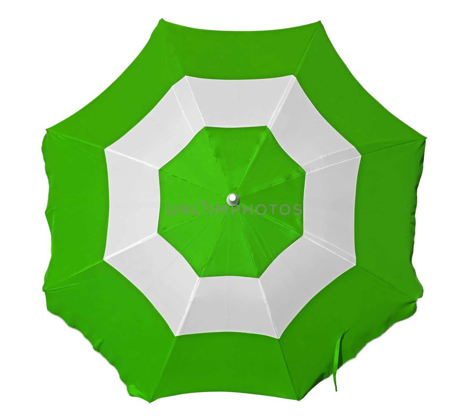 Opened beach umbrella with green and white stripes isolated on white. Top view. Clipping path included.