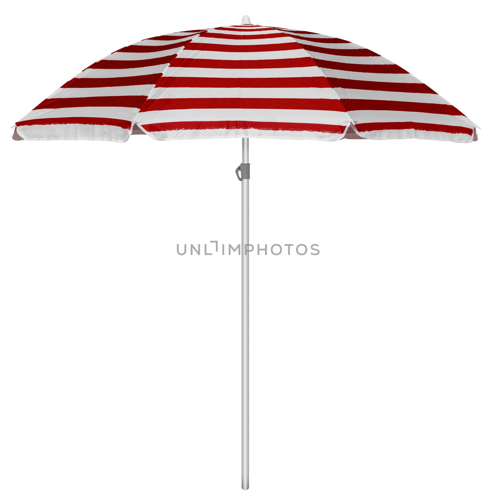 Red striped beach umbrella isolated on white. Clipping path included.