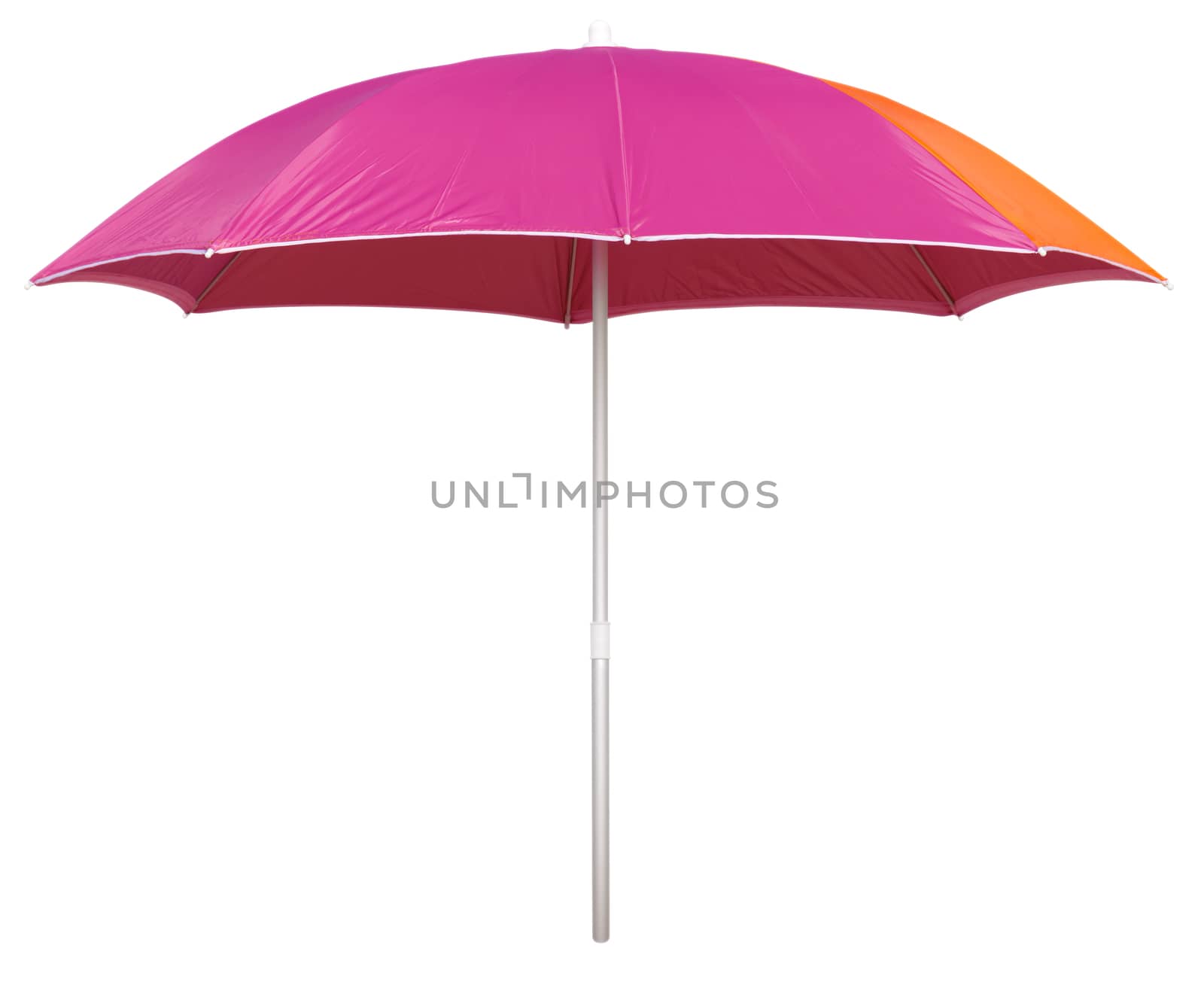 Pink beach umbrella isolated on white. Clipping path included.