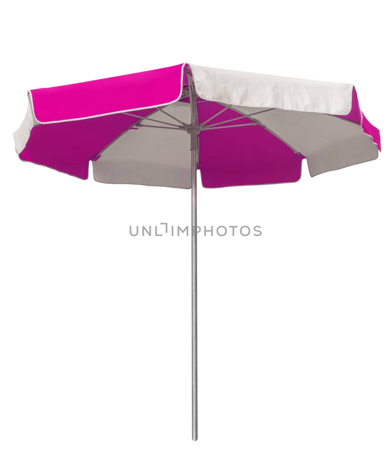 Opened beach umbrella with pink and white stripes isolated on white. Clipping path included.