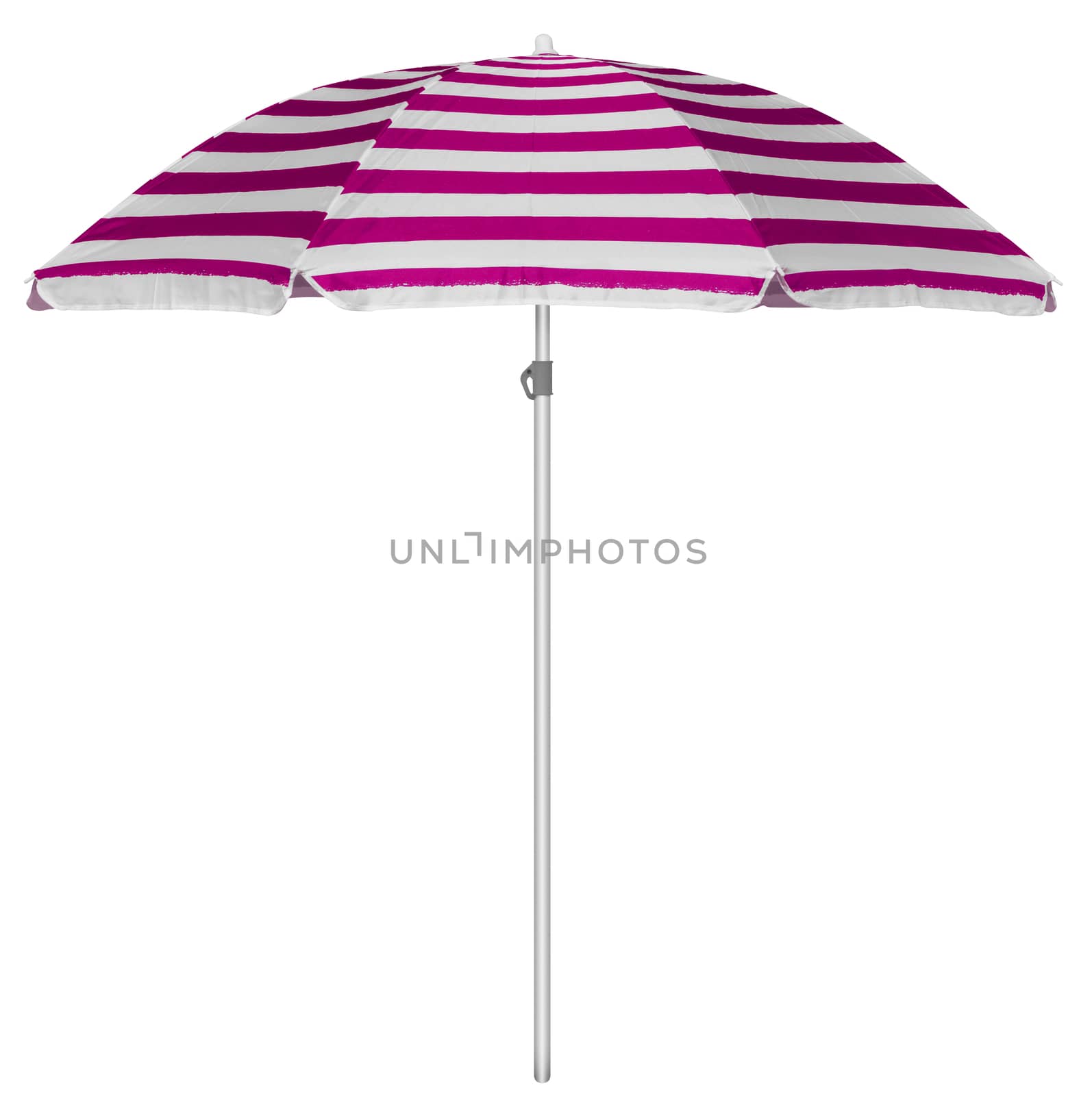 Pink striped beach umbrella isolated on white. Clipping path included.