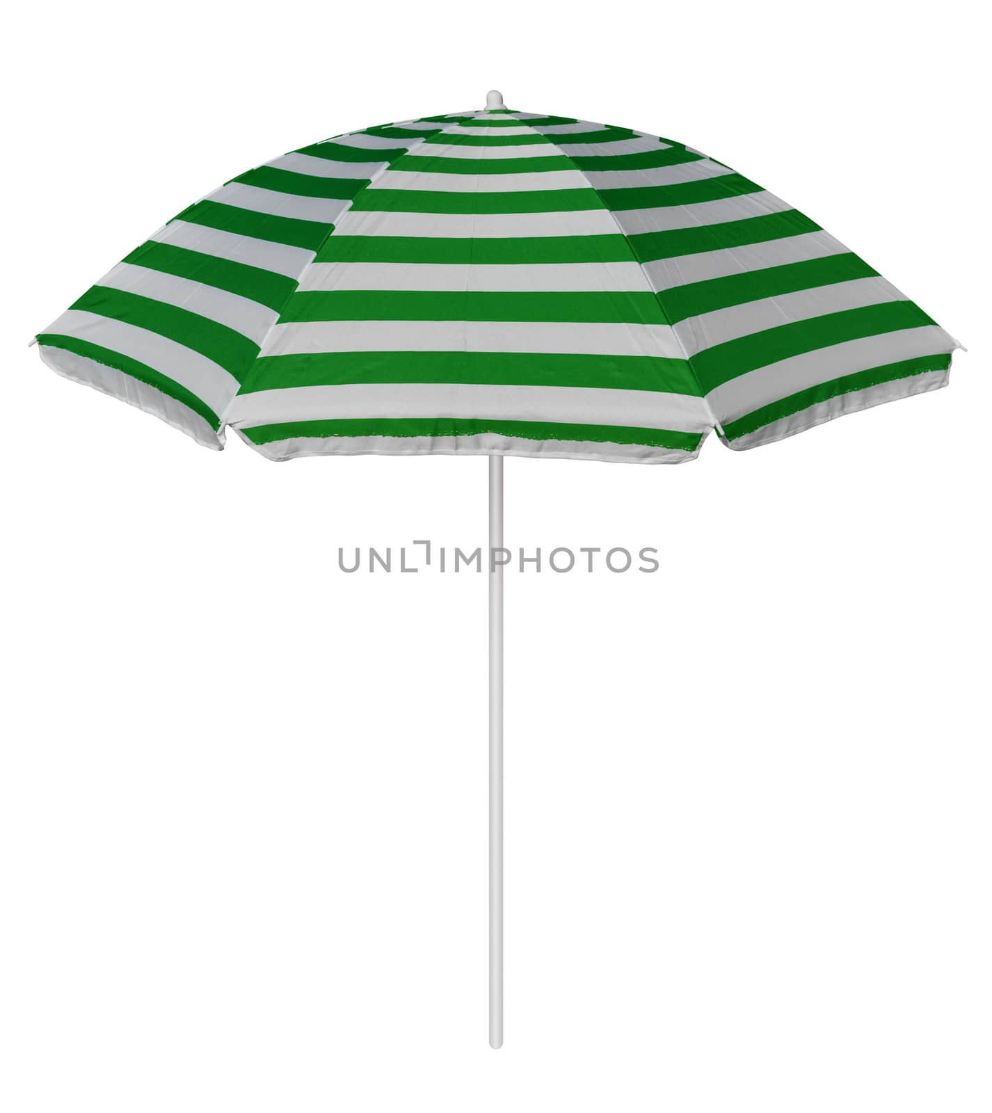 Green striped beach umbrella isolated on white. Clipping path included.