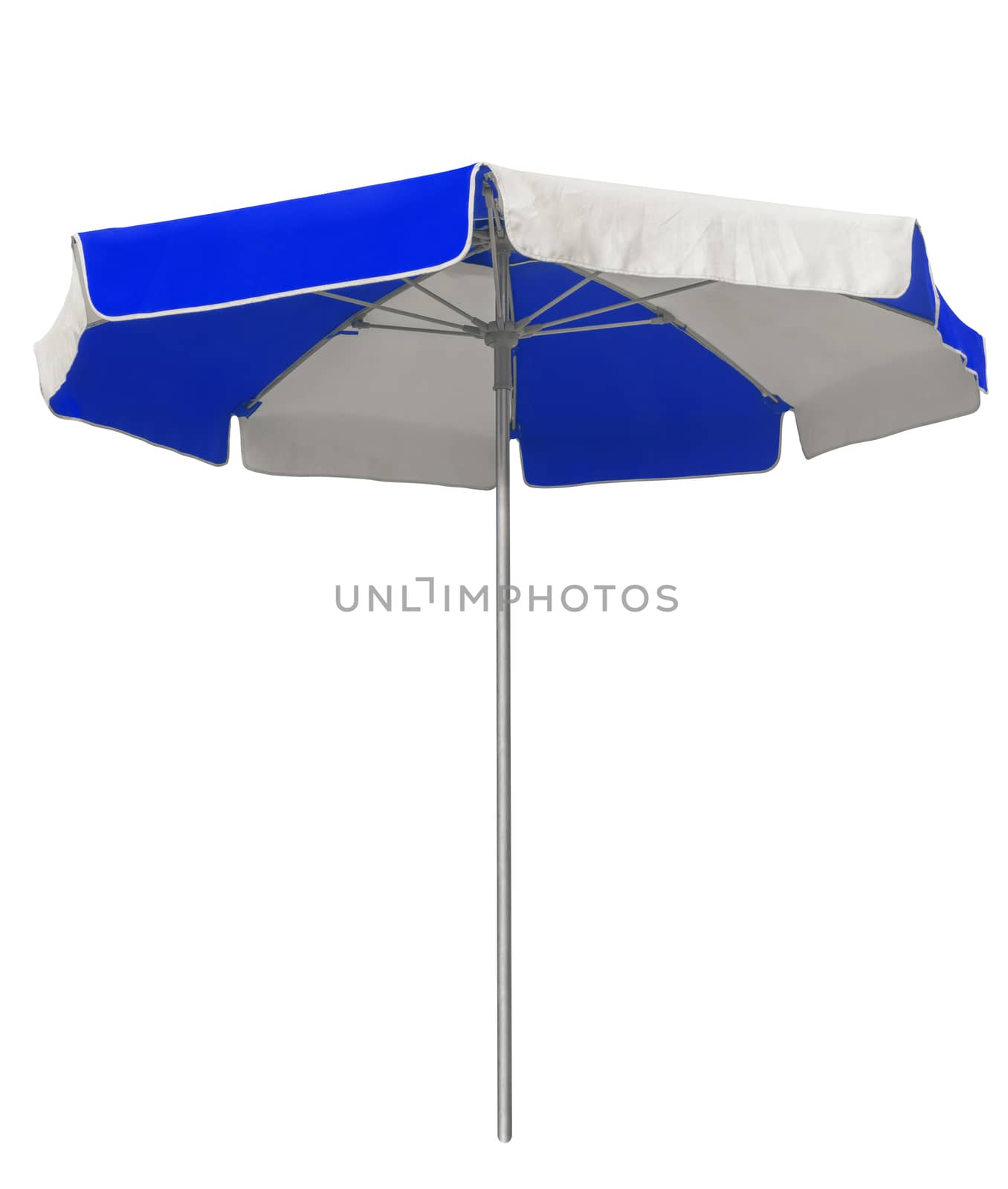Opened beach umbrella with dark blue and white stripes isolated on white. Clipping path included.