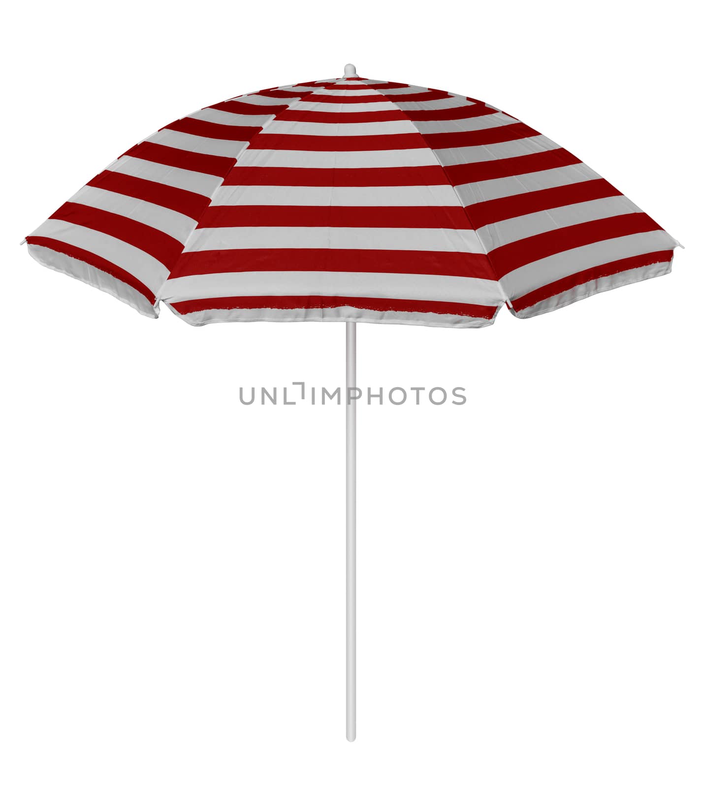 Red striped beach umbrella isolated on white. Clipping path included.
