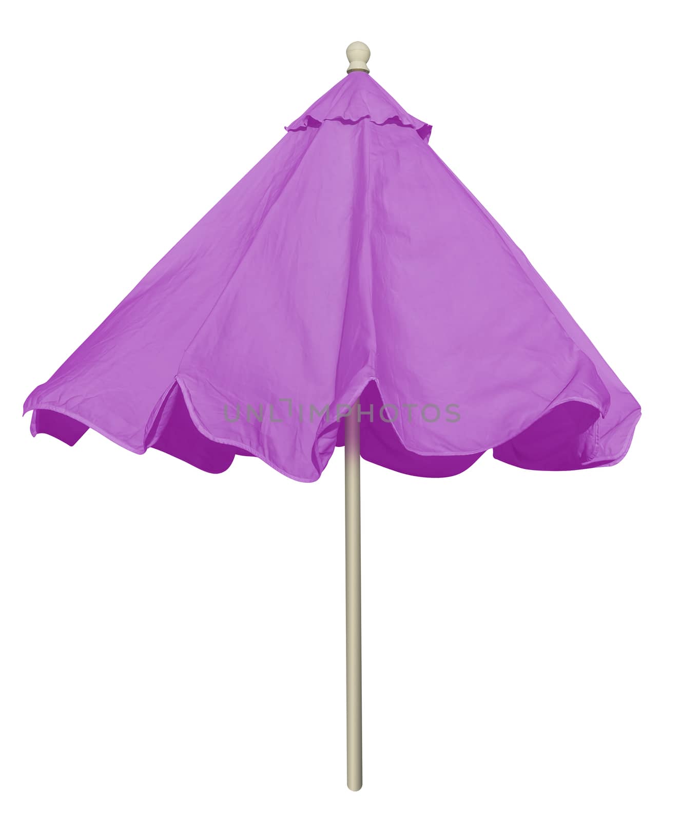 Violet beach umbrella isolated on white. Clipping path included.