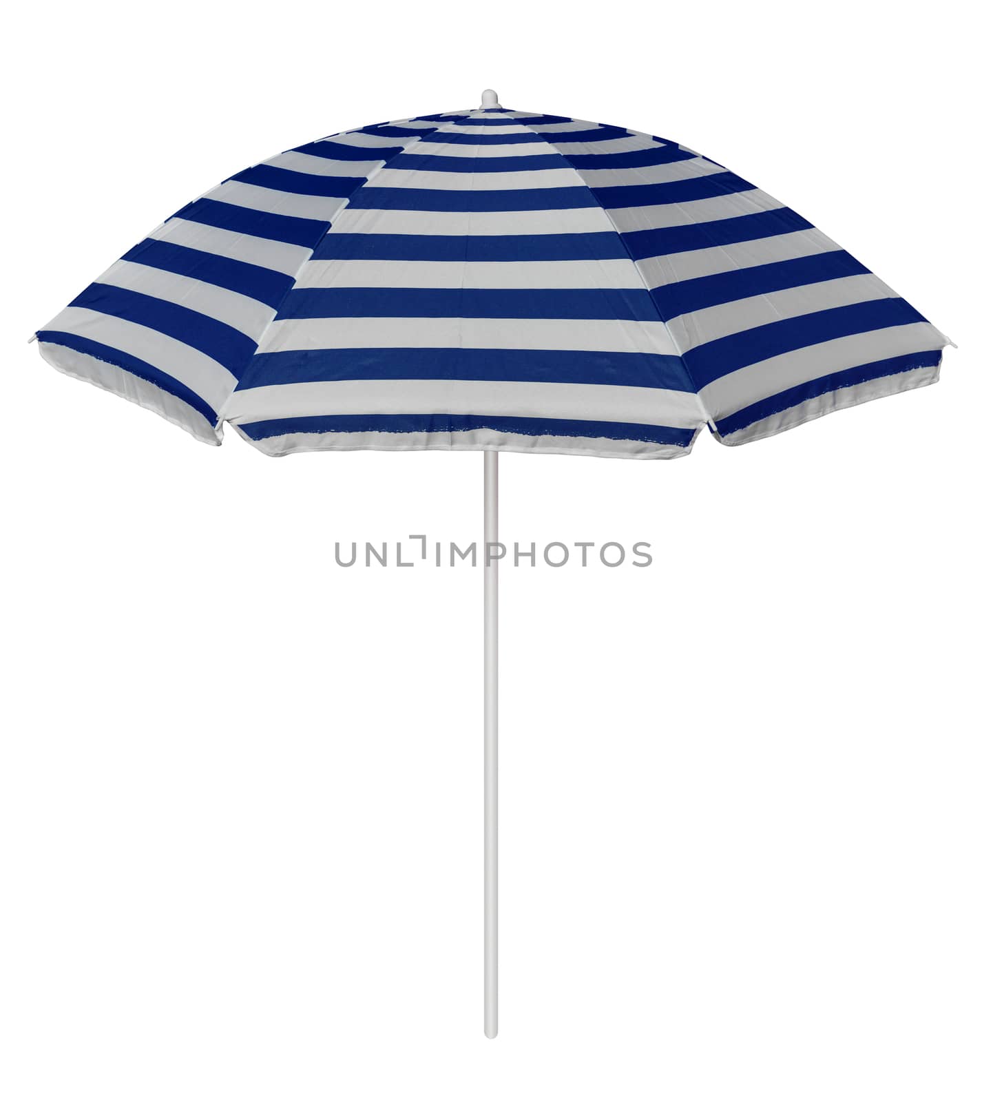 Blue striped beach umbrella isolated on white. Clipping path included.