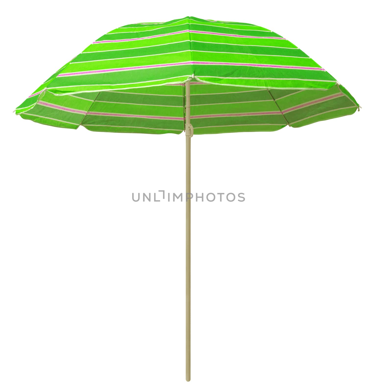 Green striped beach umbrella isolated on white. Clipping path included.