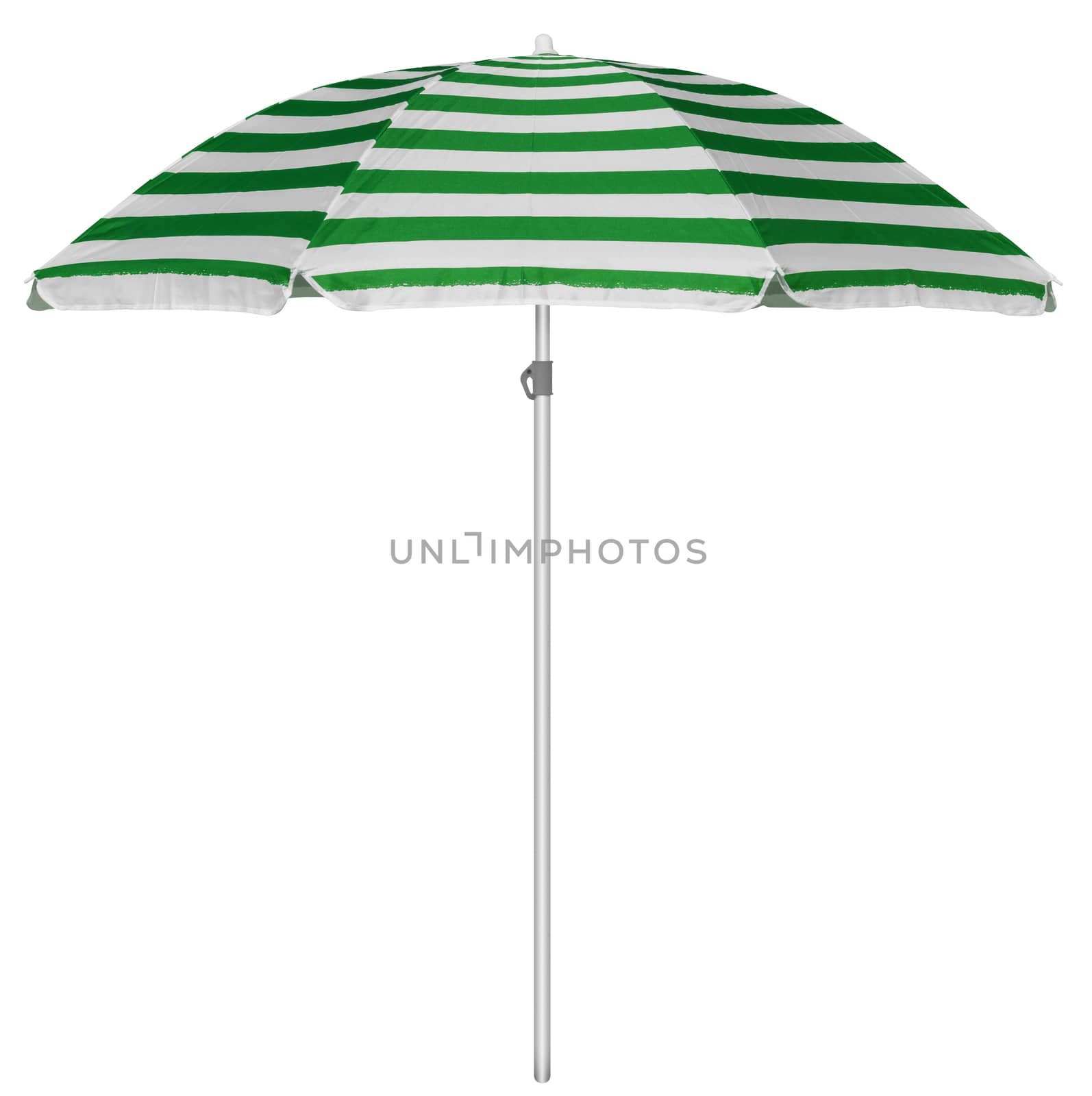 Green striped beach umbrella isolated on white. Clipping path included.