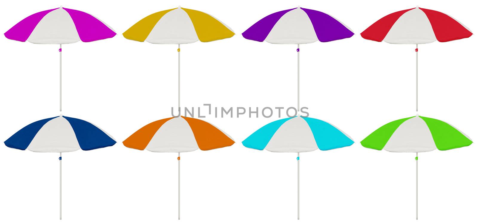 Colorful striped beach umbrellas isolated on white.