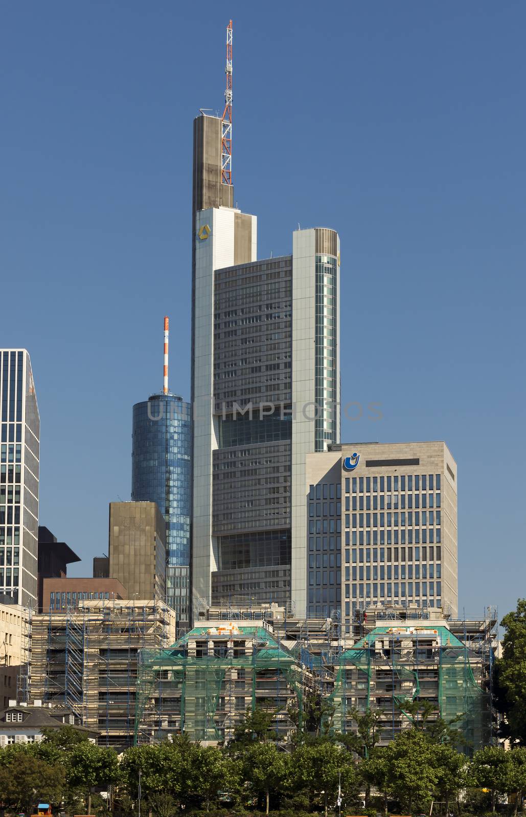 FRANKFURT AM MAIN, GERMANY - JULY 2, 2015: The Commerzbank tower, designed by Sir Norman Foster, headquarters of the German bank "Commerzbank".

Frankfurt am Main, Germany - July 2, 2015: The Commerzbank tower, designed by Sir Norman Foster, headquarters of the German bank "Commerzbank".