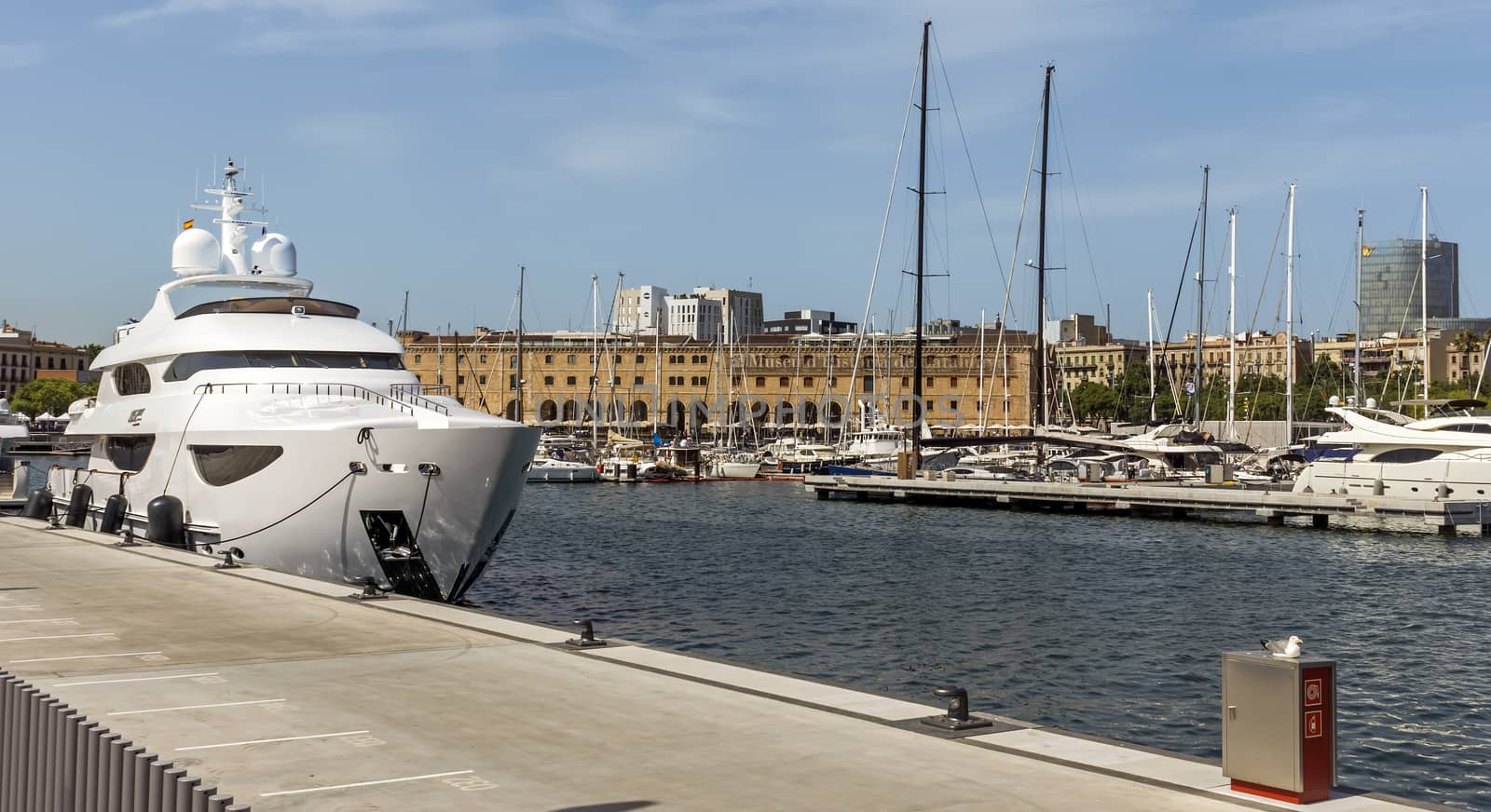 BARCELONA, SPAIN - JULY 4, 2015: The building "Palau de Mar" (1880-1890) home of museum "Museu d'Historia de Catalunya" in front of the harbor.

Barcelona, Spain - July 4, 2015: The building "Palau de Mar" (1880-1890) home of museum "Museu d'Historia de Catalunya" in front of the harbor. People walking at the promenade.