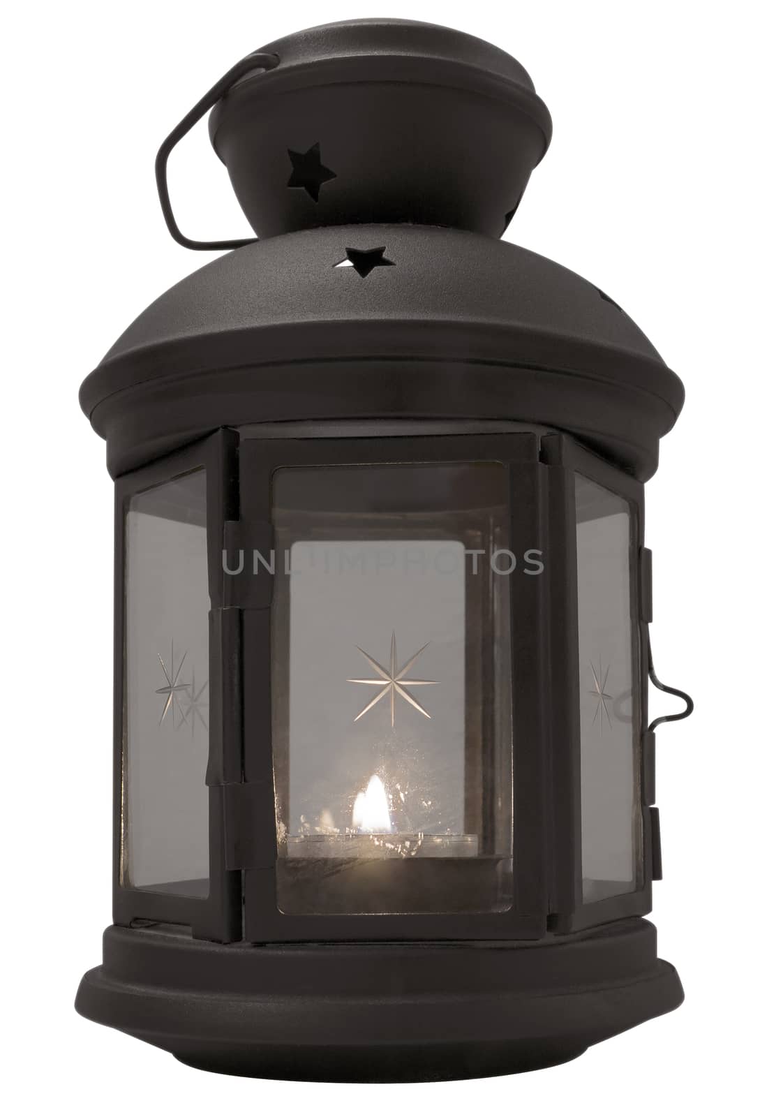 Vintage lantern with candle isolated on white background. Clipping path included.