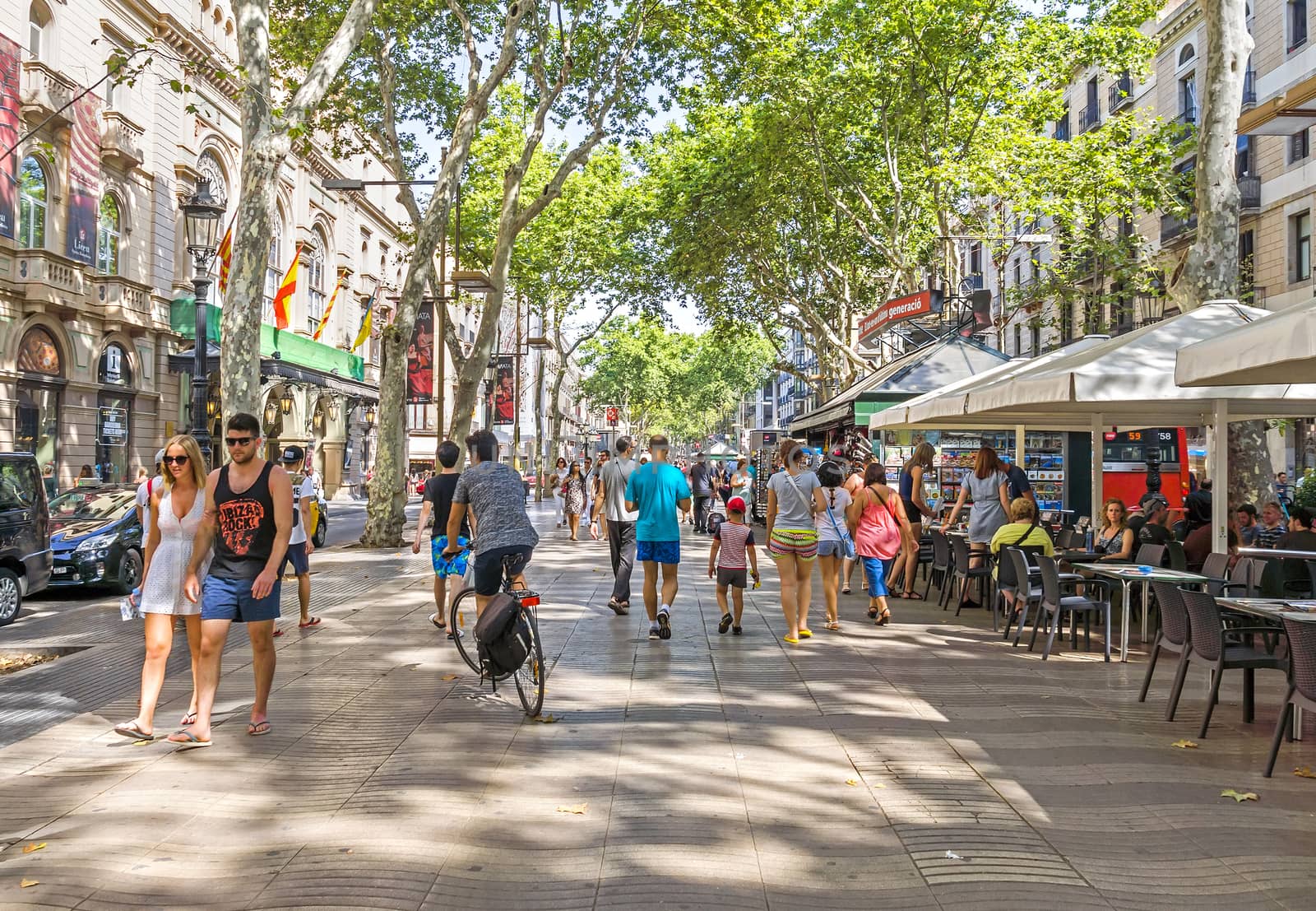 BARCELONA, SPAIN - JULY 6, 2015: Hundreds of people promenading in the busiest street of Barcelona, the Ramblas. The street extends 1.2 kilometers connects the Placa de Catalunya in the centre with the Christopher Columbus Monument at Port Vell.

Barcelona, Spain - July 6, 2015: Hundreds of people promenading in the busiest street of Barcelona, the Ramblas. The street extends 1.2 kilometers connects the Placa de Catalunya in the centre with the Christopher Columbus Monument at Port Vell.
