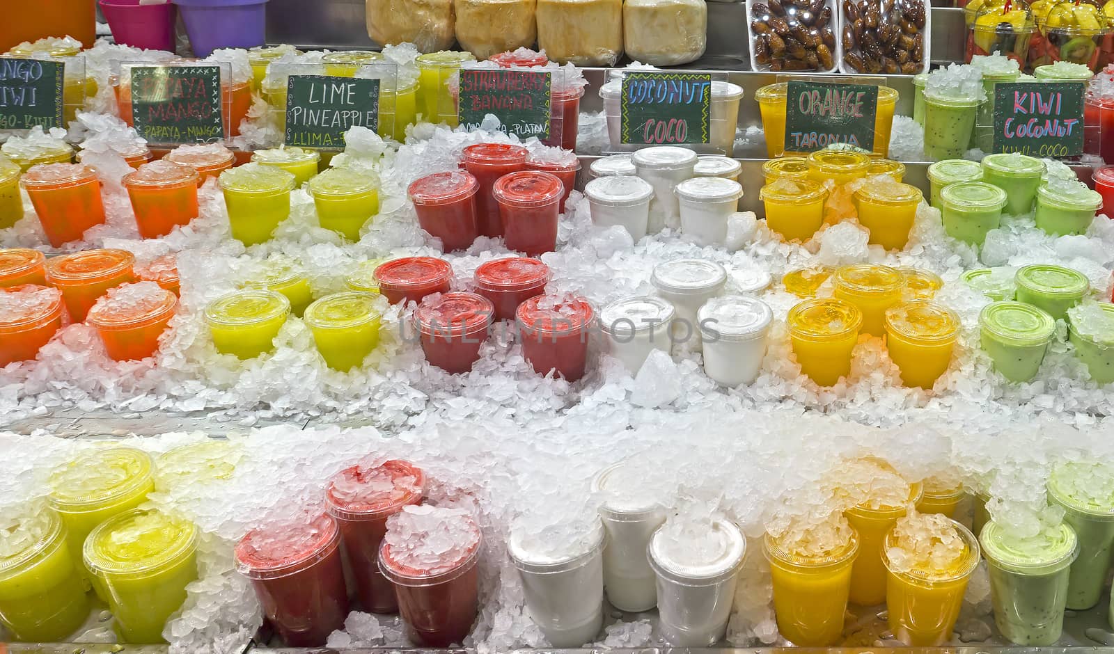 Fresh fruit juices at the market in Barcelona.