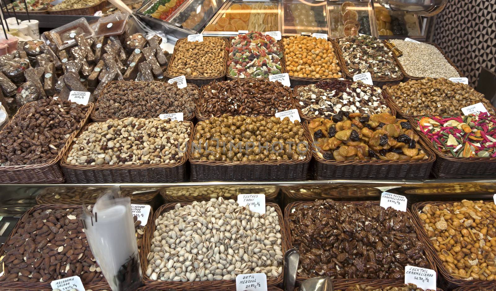Nuts and cereals at the Boqueria market in Barcelona.