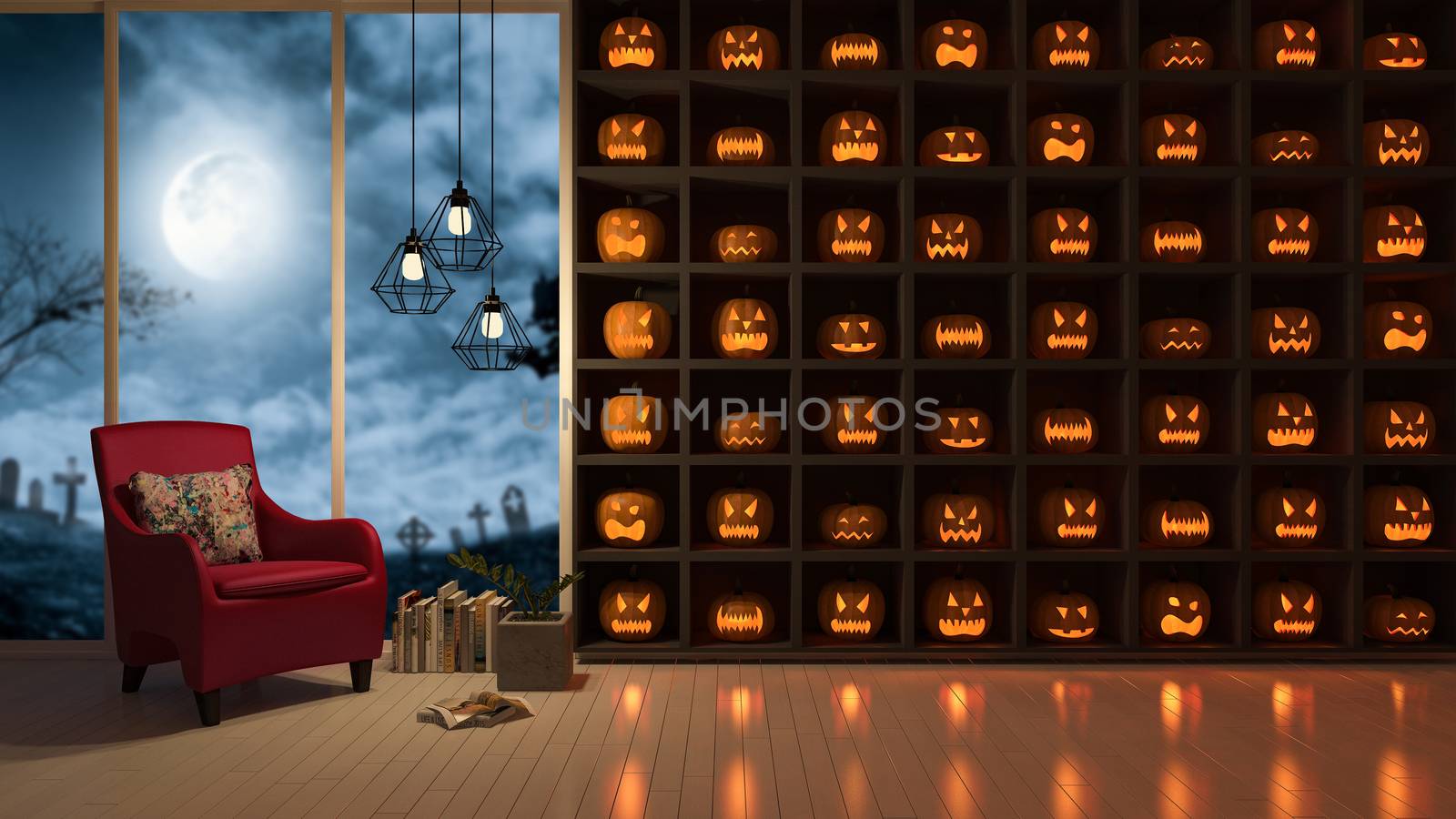 3d rendering image of interior design in halloween festival. a lot of Pumpkin heads on the wall which have big window view as background, Trick or thread.