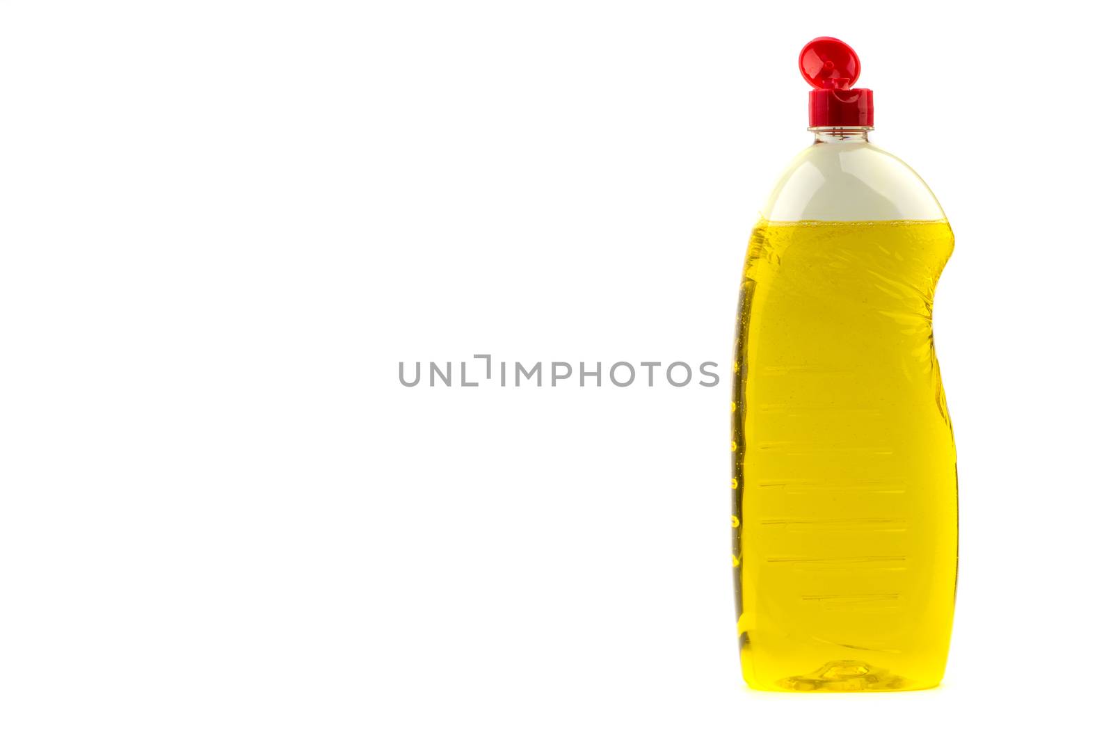 Dishwashing liquid detergent or soap in plastic bottle isolated on white background. Selective focus and copy space concept