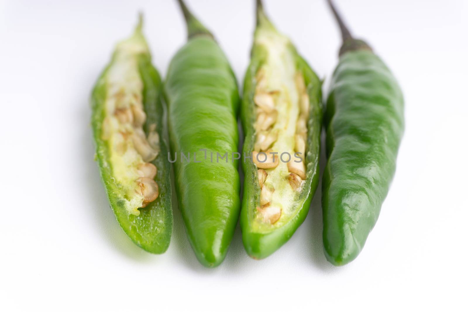 Green BirdÕs eye chili,Thai Chili pepper ,bird chili pepper nature isolate on white background. Selective focus and crop fragment