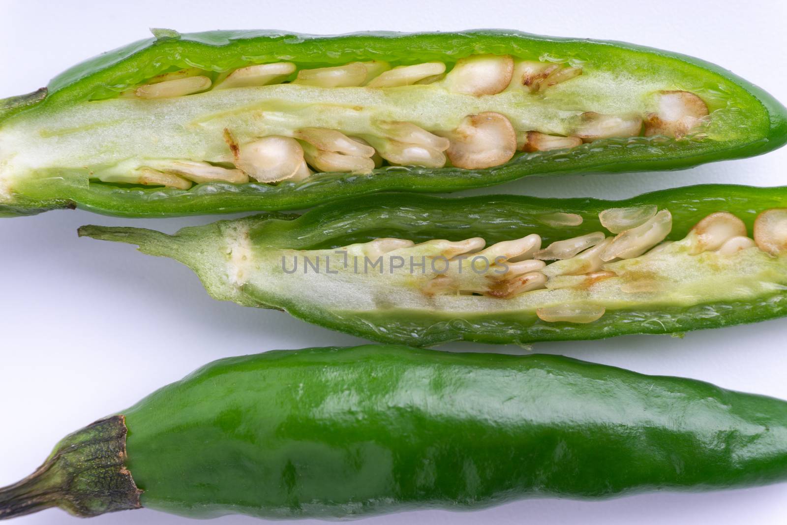 Green BirdÕs eye chili,Thai Chili pepper ,bird chili pepper nature isolate on white background. Selective focus and crop fragment